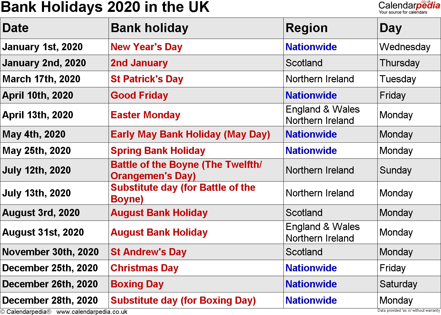 Printable Calendar 2020 Including Bank Holidays Example Calendar