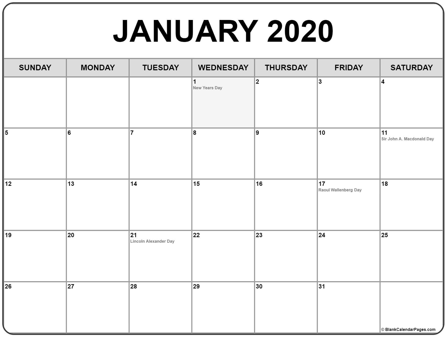 Extraordinary January 2020 Calendar Canada • Printable Blank