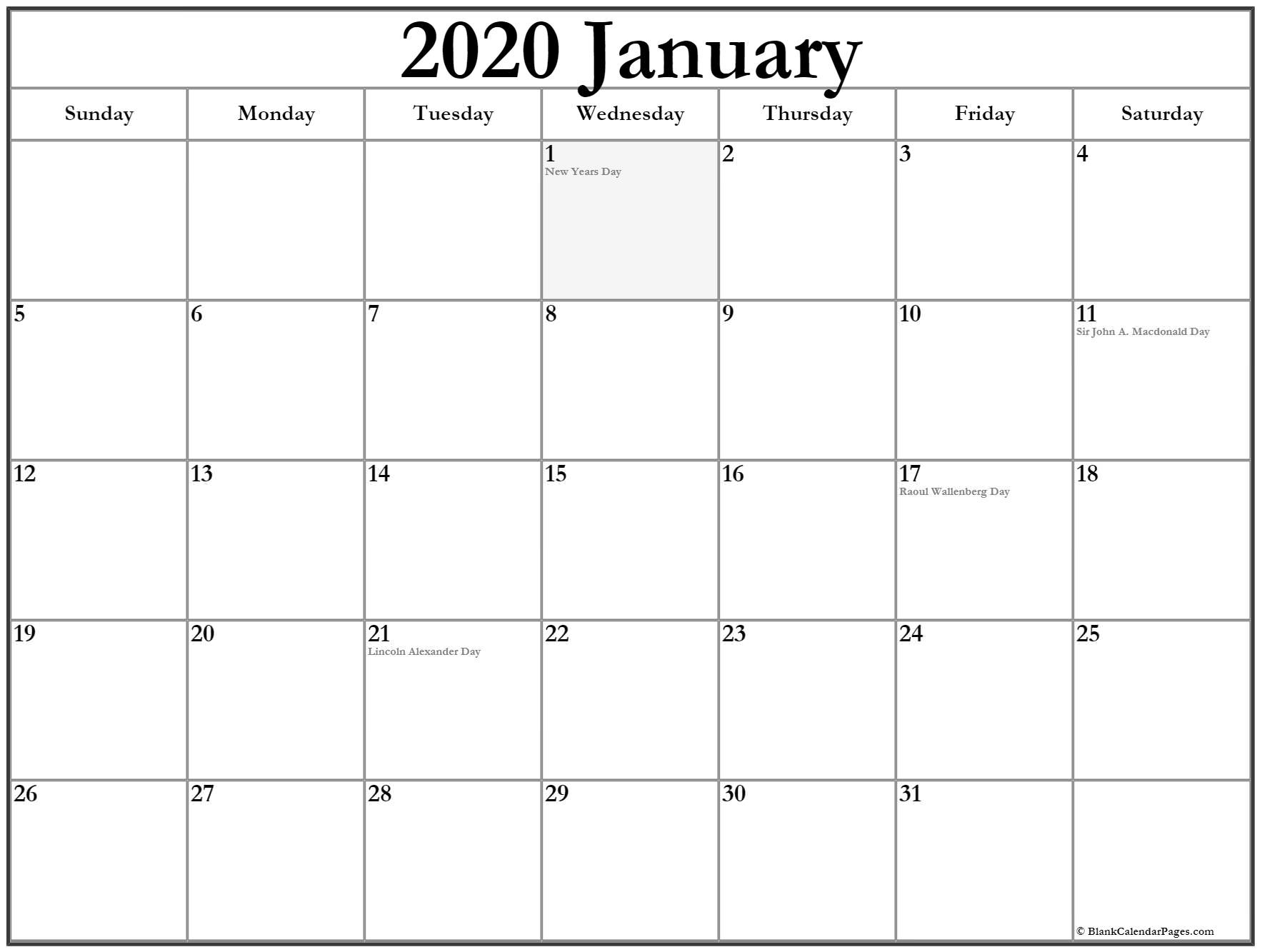 Extraordinary January 2020 Calendar Canada • Printable Blank