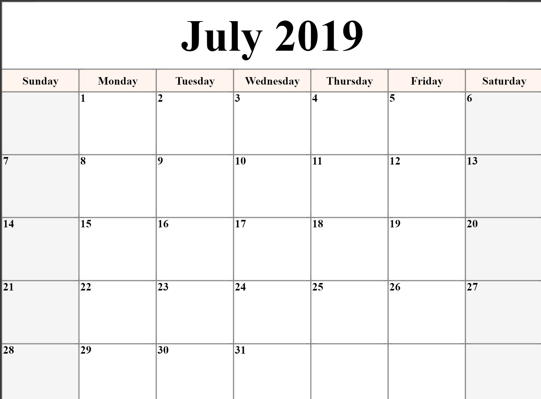 ? July Calendar 2019 Printable, Editable, A4, Landscape