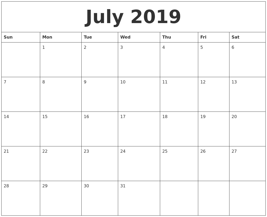 ? July Calendar 2019 Printable, Editable, A4, Landscape