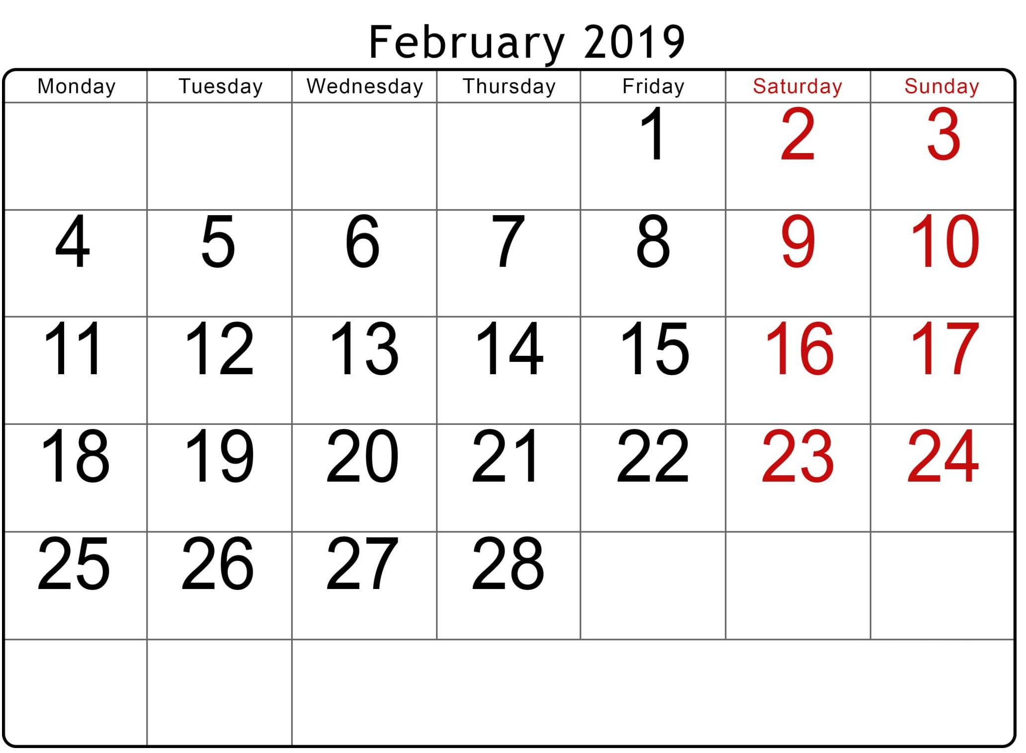 February 2019 Calendar Monday To Sunday - Printable Calendar