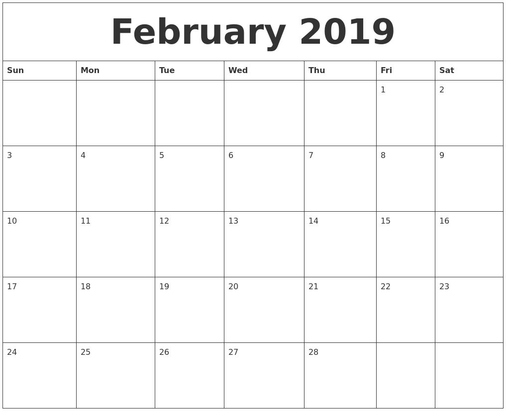 February 2019 Editable Calendar Template::february 2019