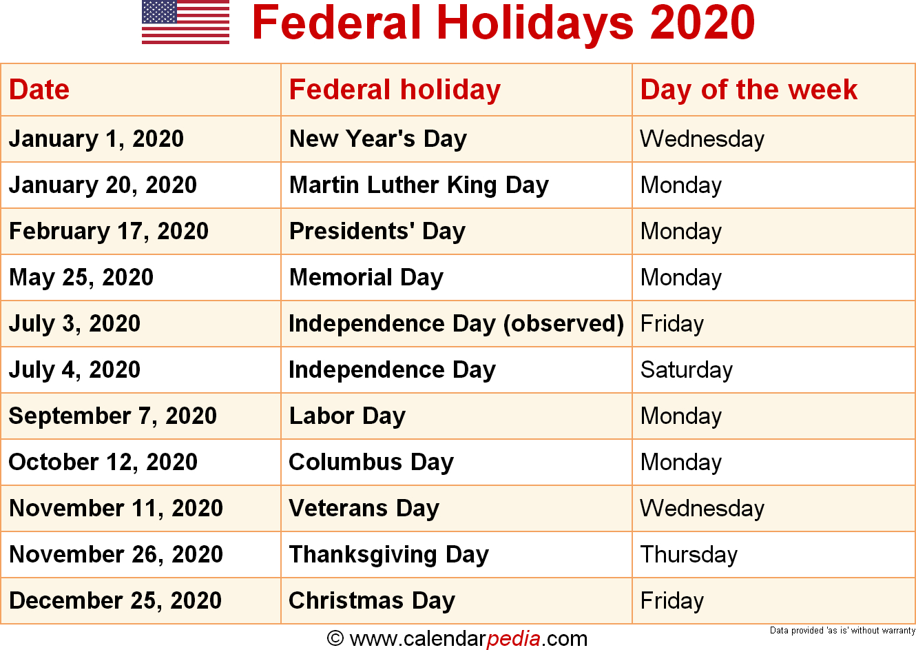 2020 List Of Holidays Printable