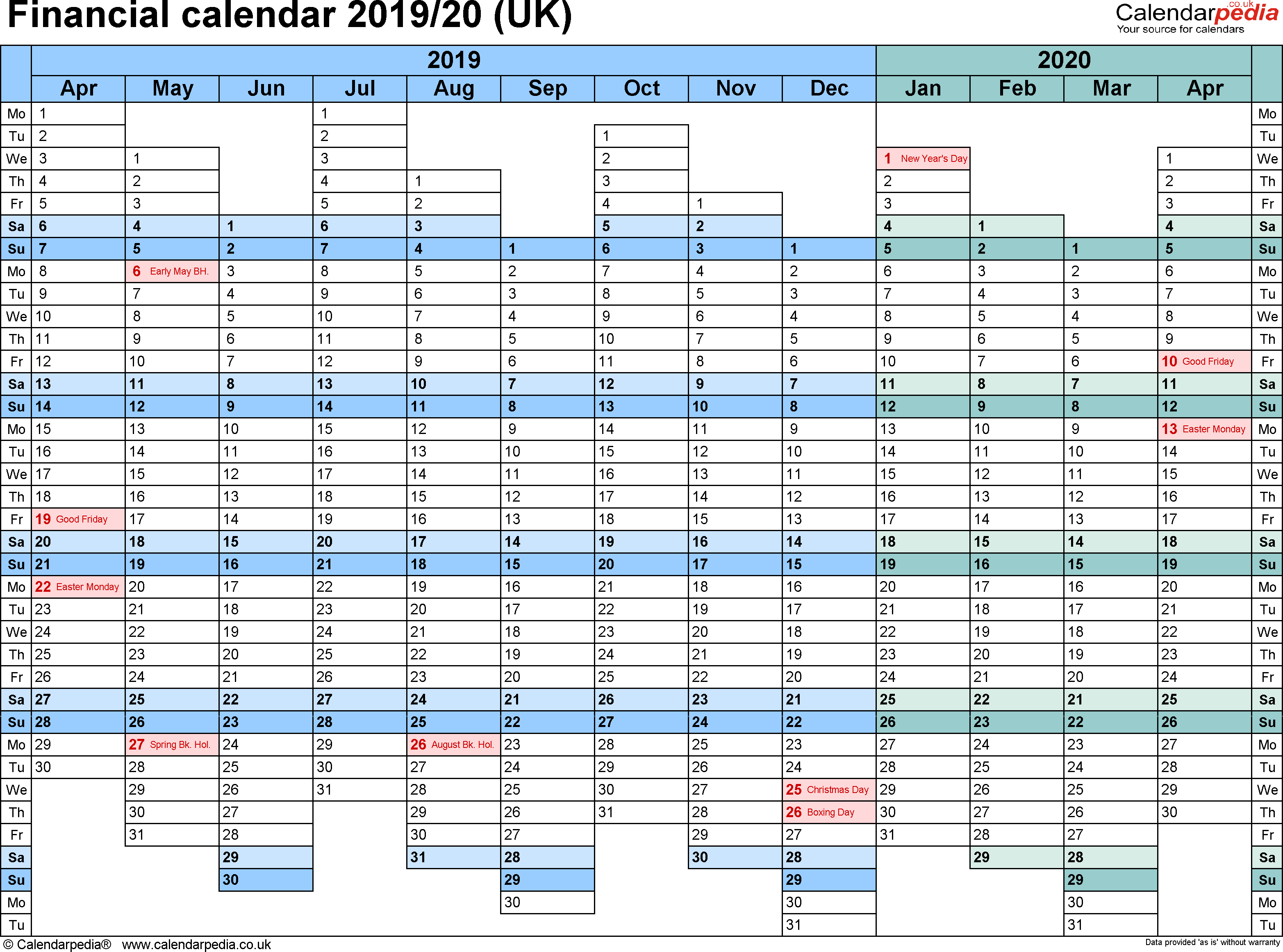 Financial Calendars 2019/20 (Uk) In Microsoft Excel Format