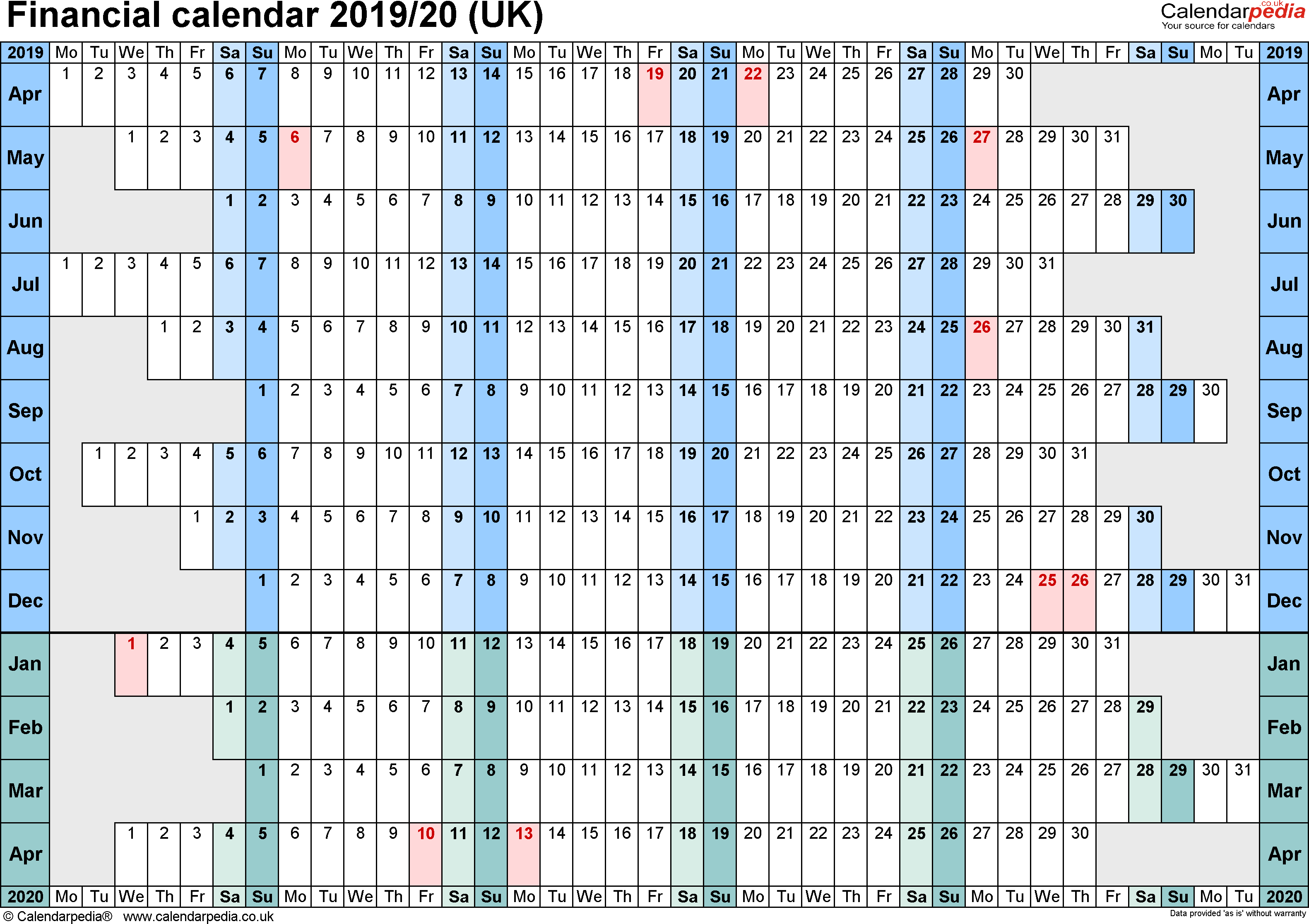 Financial Calendars 2019/20 (Uk) In Microsoft Excel Format