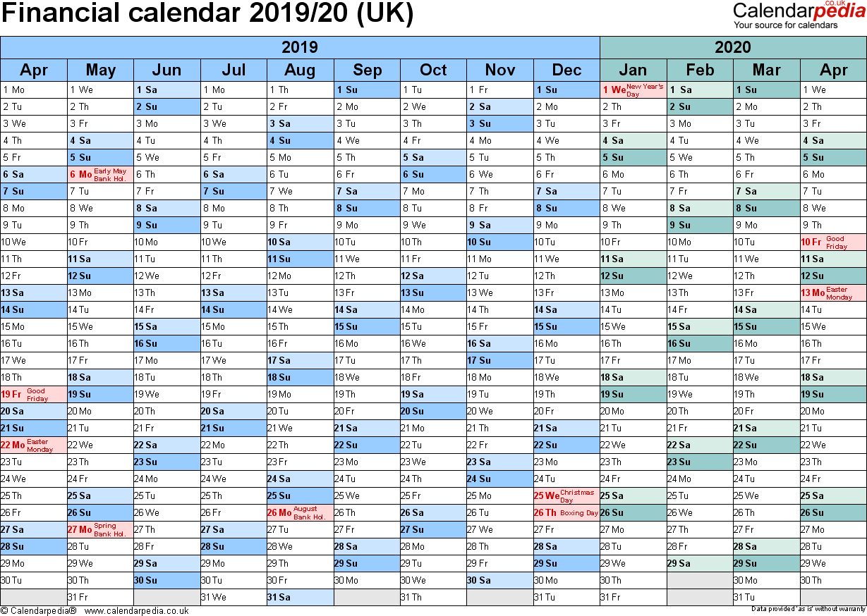 Financial Calendars 2019/20 (Uk) In Microsoft Excel Format