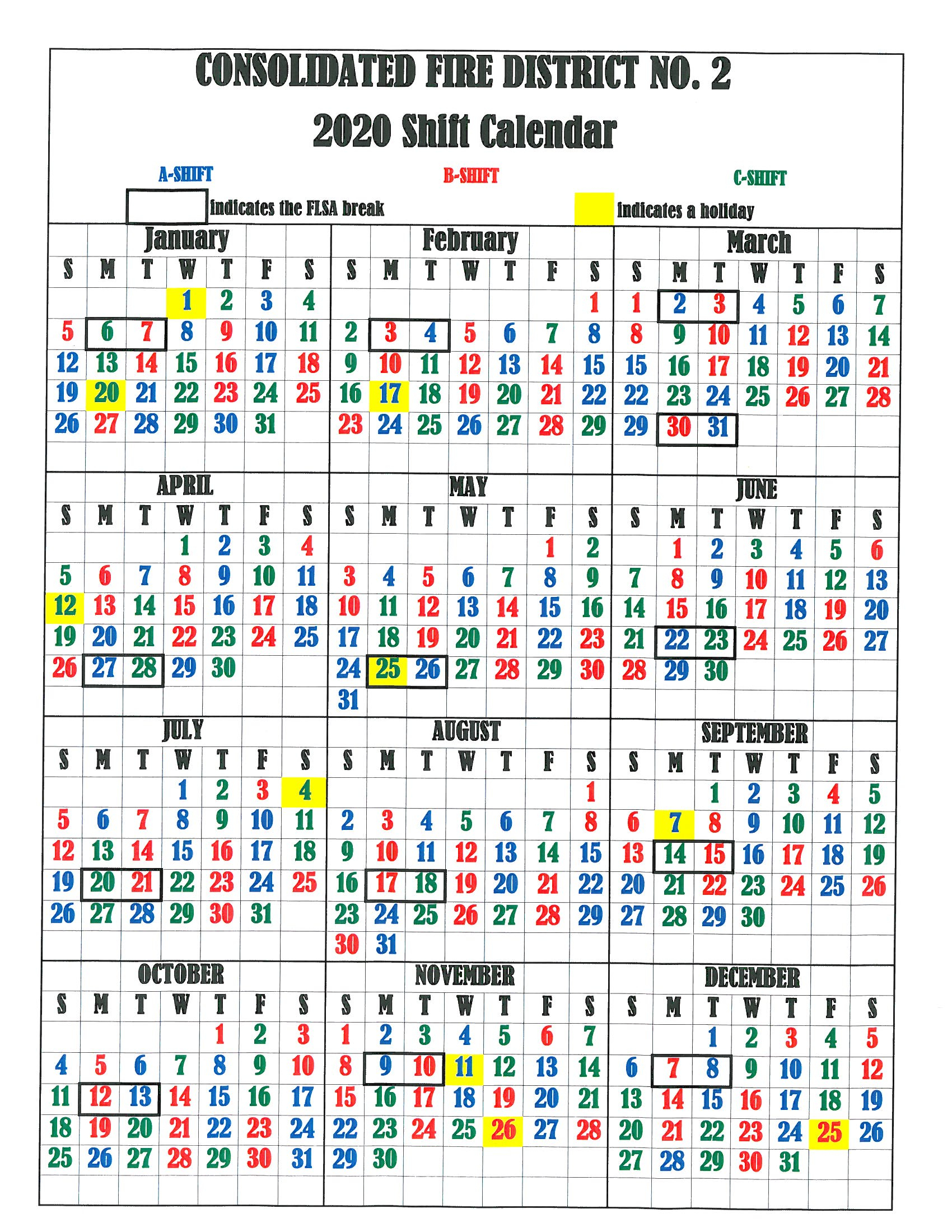 Firefighters Shift Calendar 2019