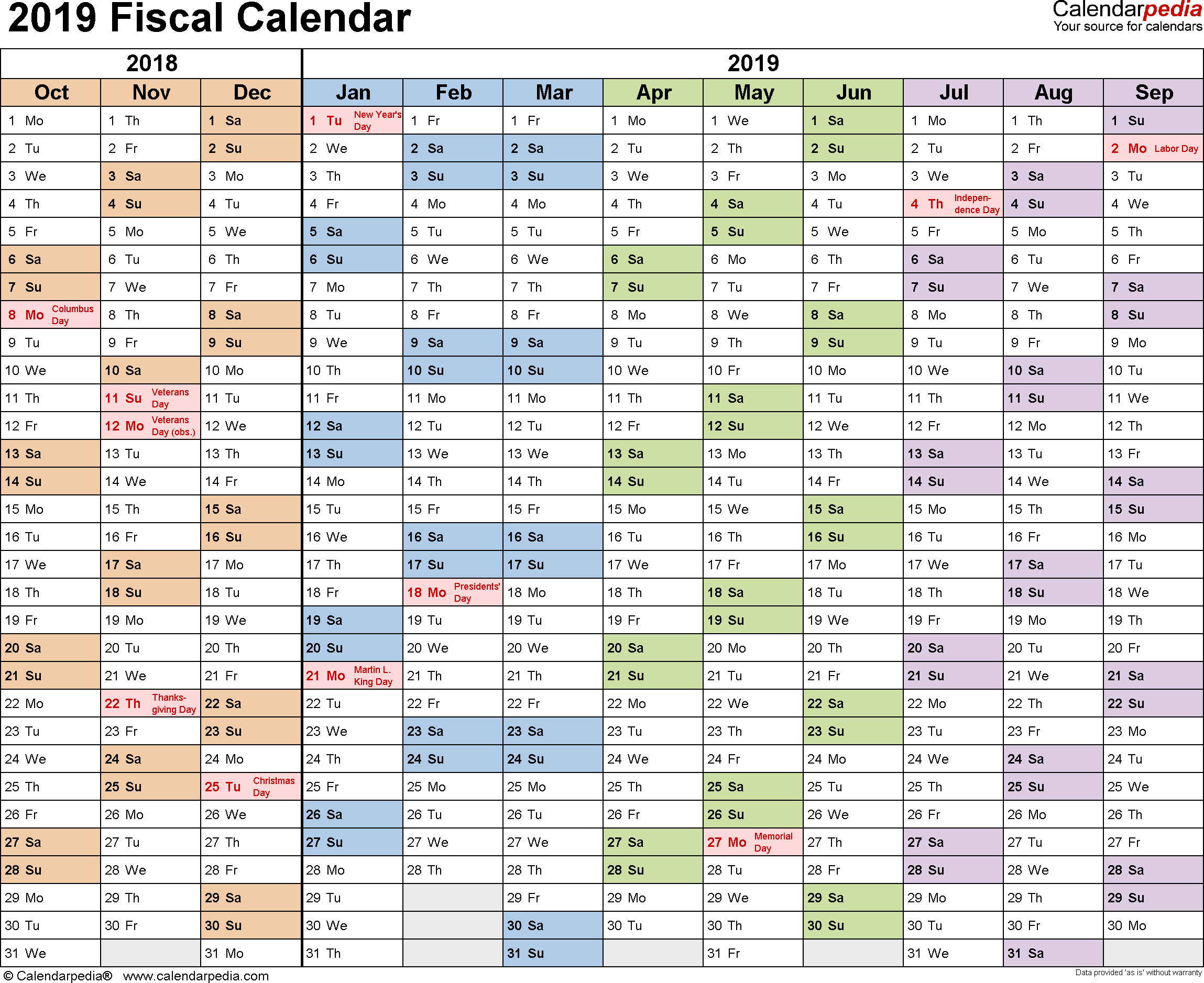 Fiscal Calendars 2019 As Free Printable Pdf Templates