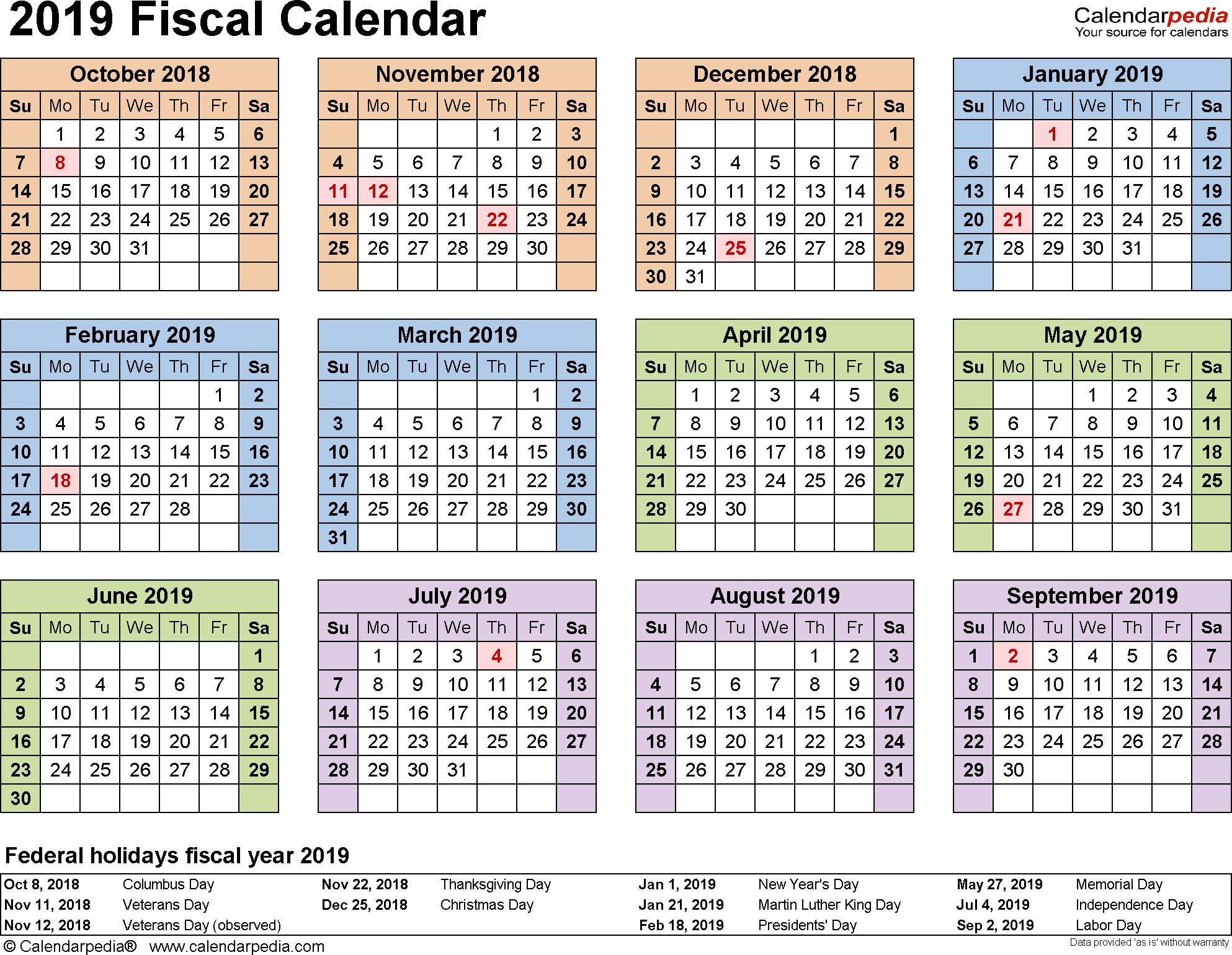 Fiscal Calendars 2019 As Free Printable Pdf Templates