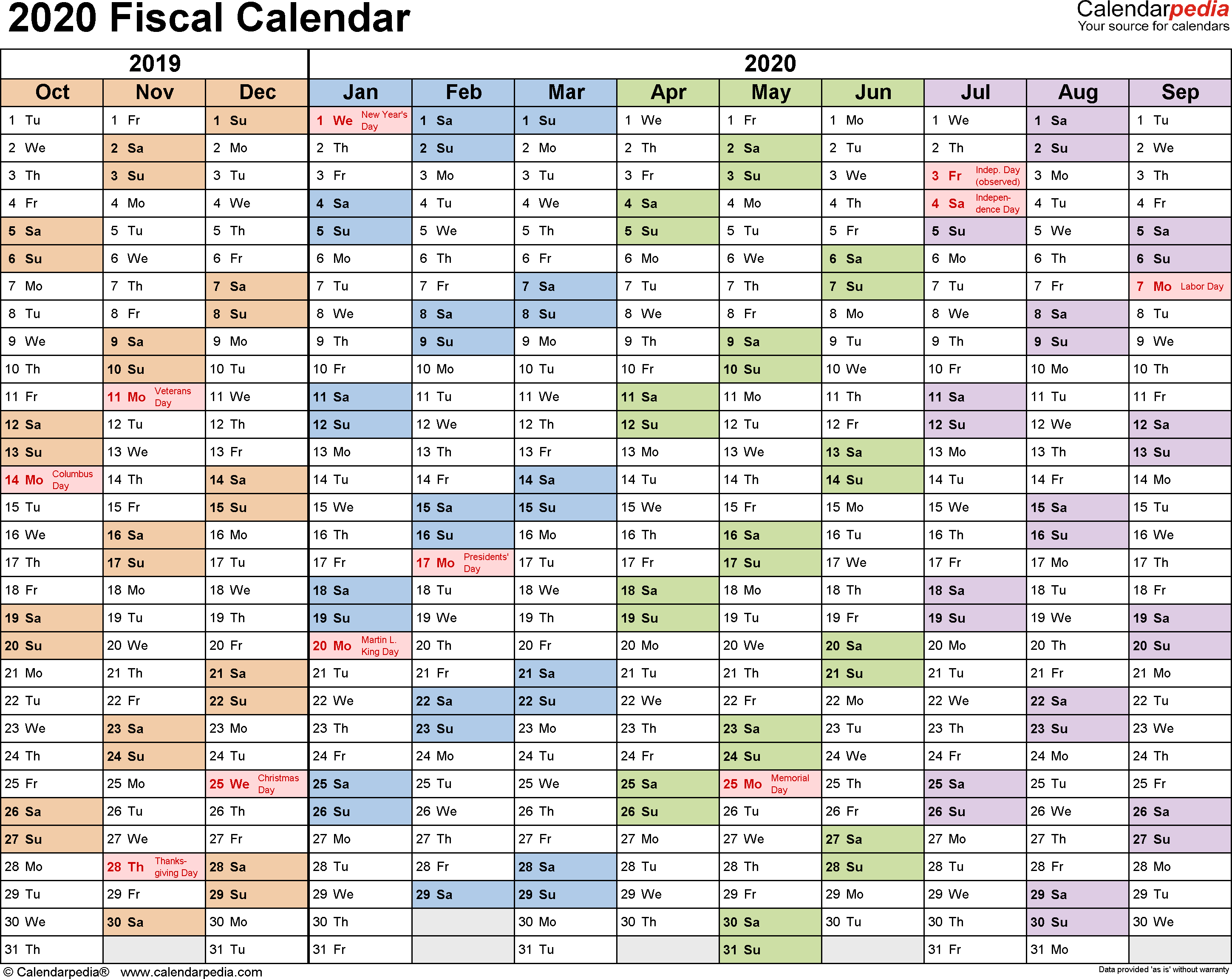 Fiscal Calendars 2020 As Free Printable Excel Templates