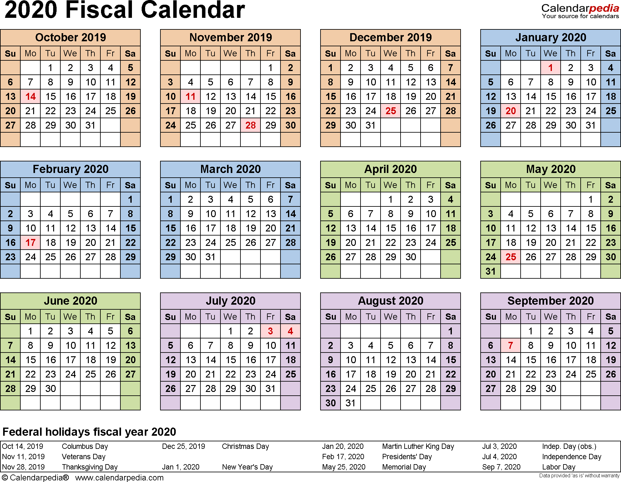 Fiscal Calendars 2020 As Free Printable Pdf Templates