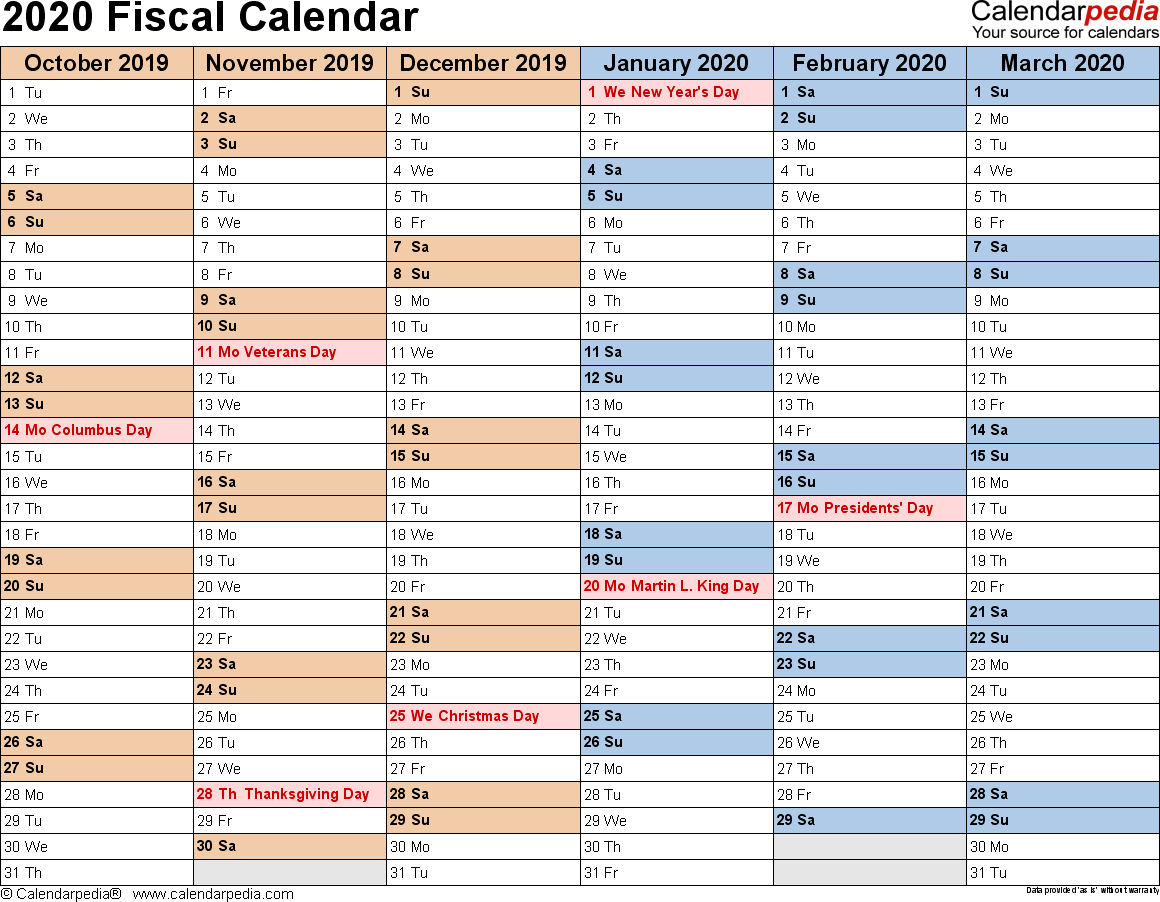 Fiscal Calendars 2020 As Free Printable Pdf Templates