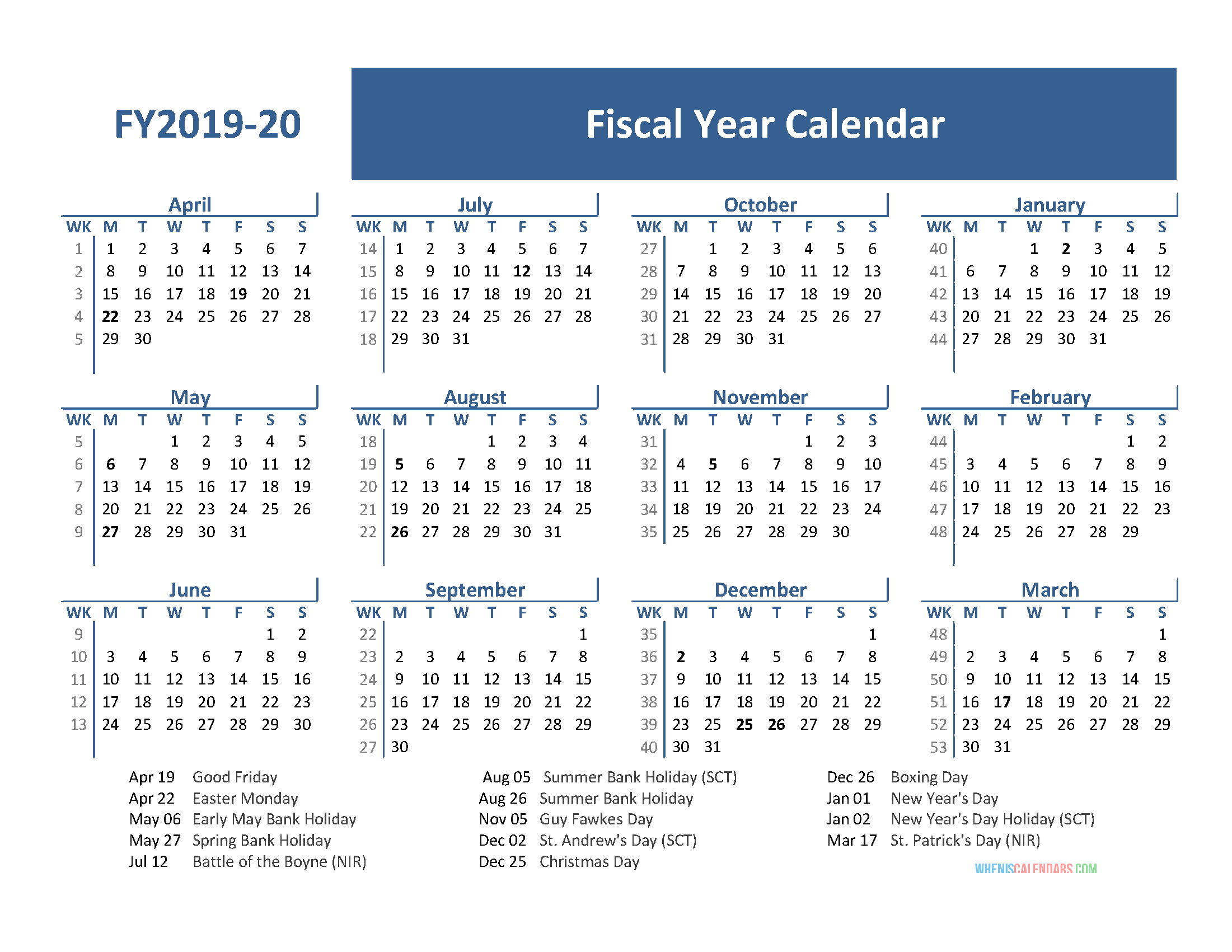 Fiscal Year 2019 Calendar With Holidays (April 2019-March