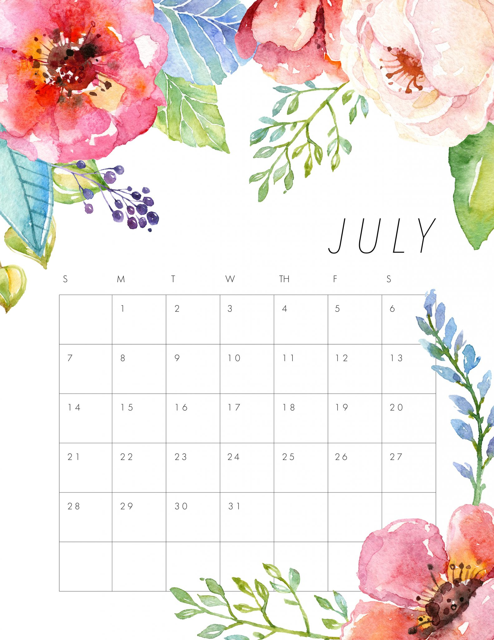 Floral July Calendar Printable Template - Free Printable