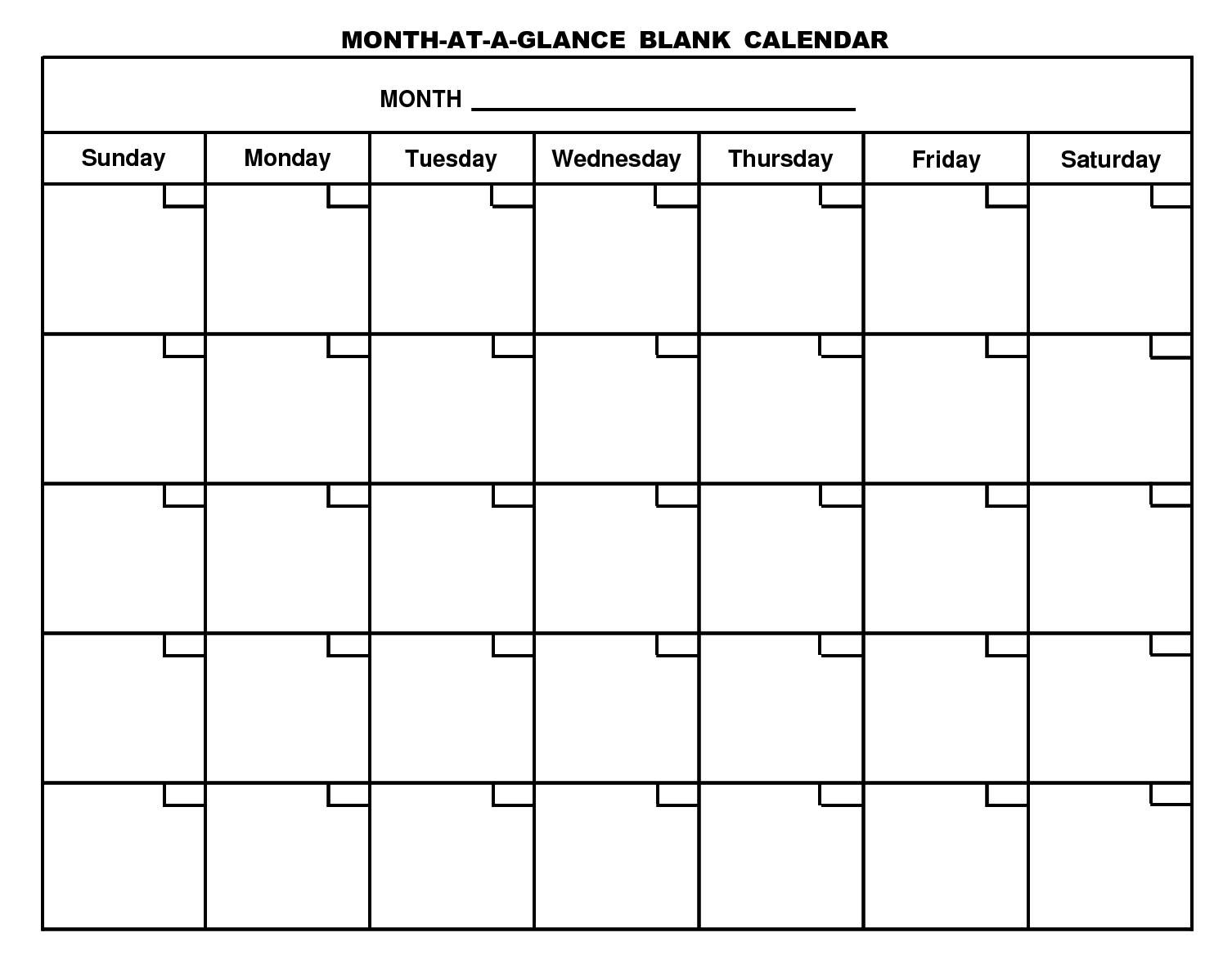 For Month At A Glance Blank Calendar Template - Free