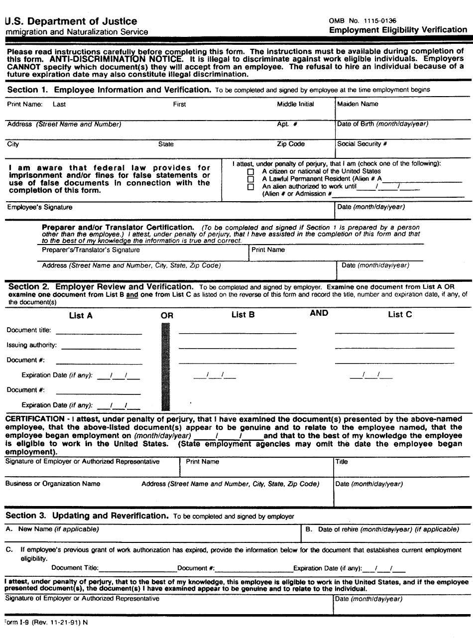 Form I 9 Employment Eligibility Verification Fillable  Printable Forms