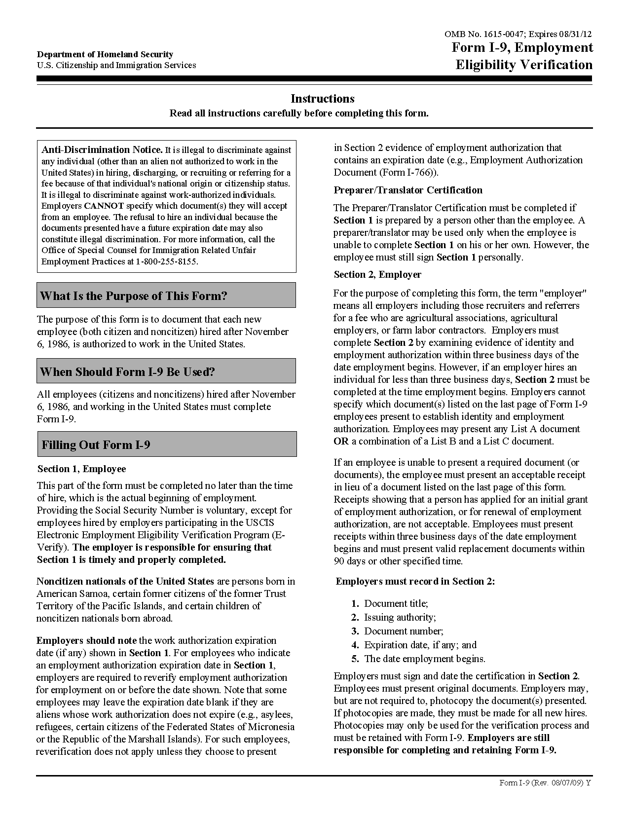 Form I-9 Employment Eligibility Verification