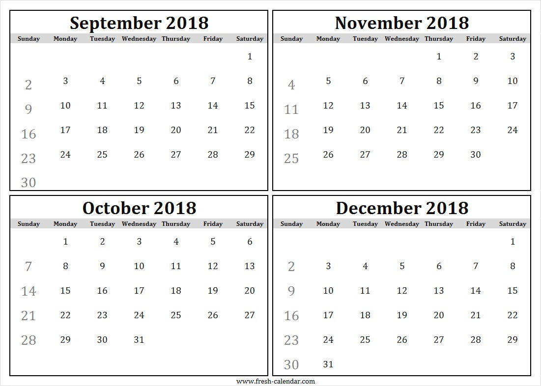 Four Monthly September To December 2018 Calendar Template Free