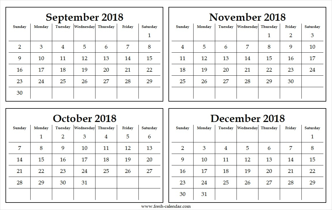 Four Monthly September To December 2018 Calendar Template Free