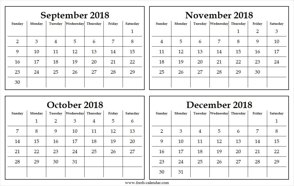 Four Monthly September To December 2018 Calendar Template