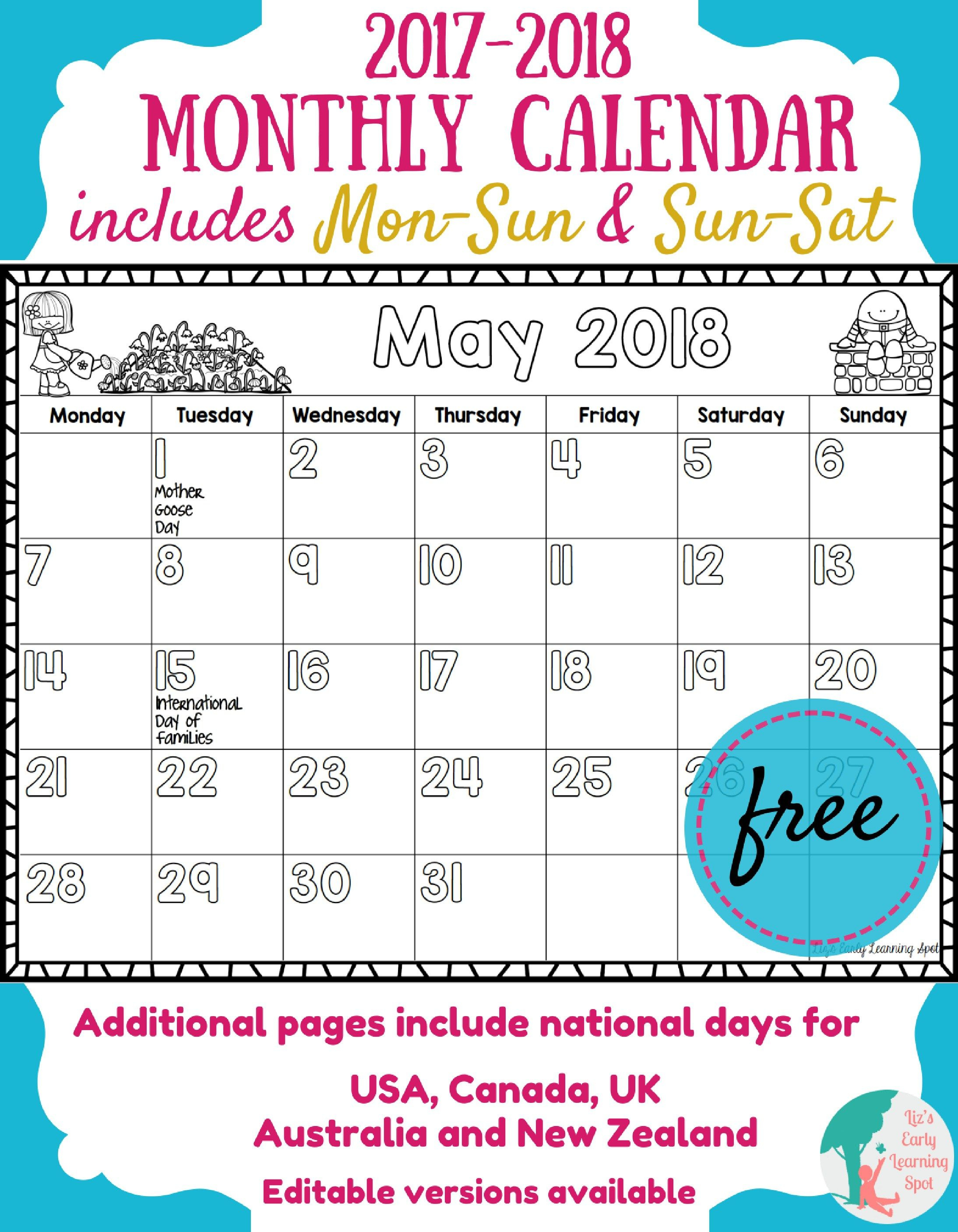 Free 2017-2018 Monthly Calendar For Kids | Misc. | Monthly