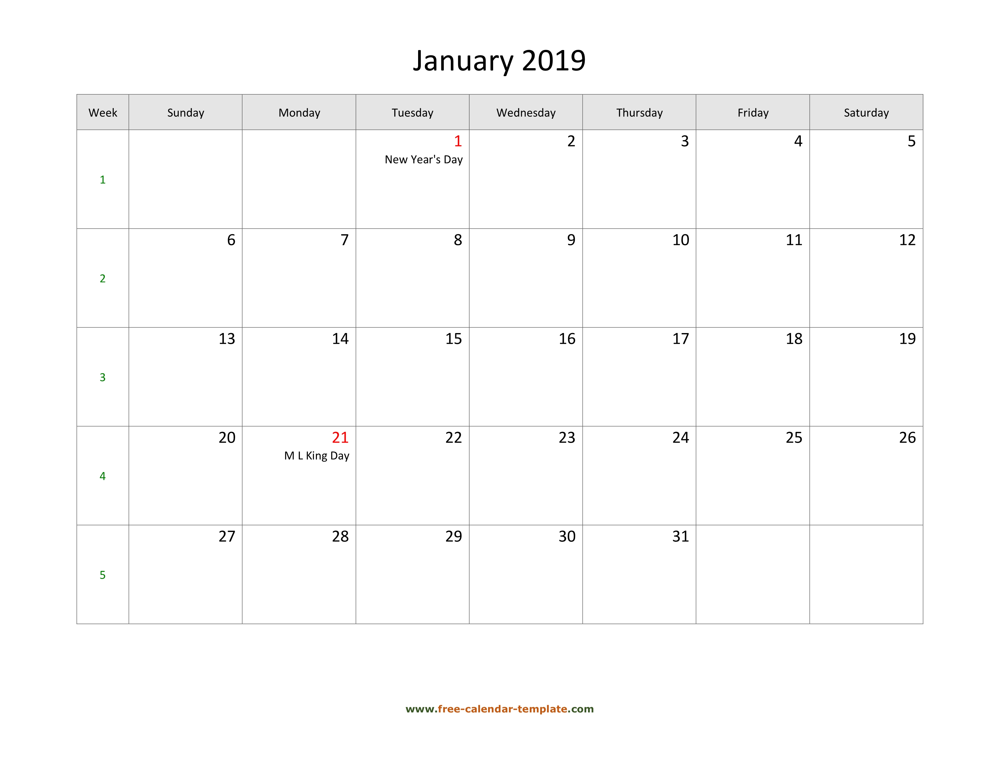 Free 2019 Calendar Blank January Template (Horizontal