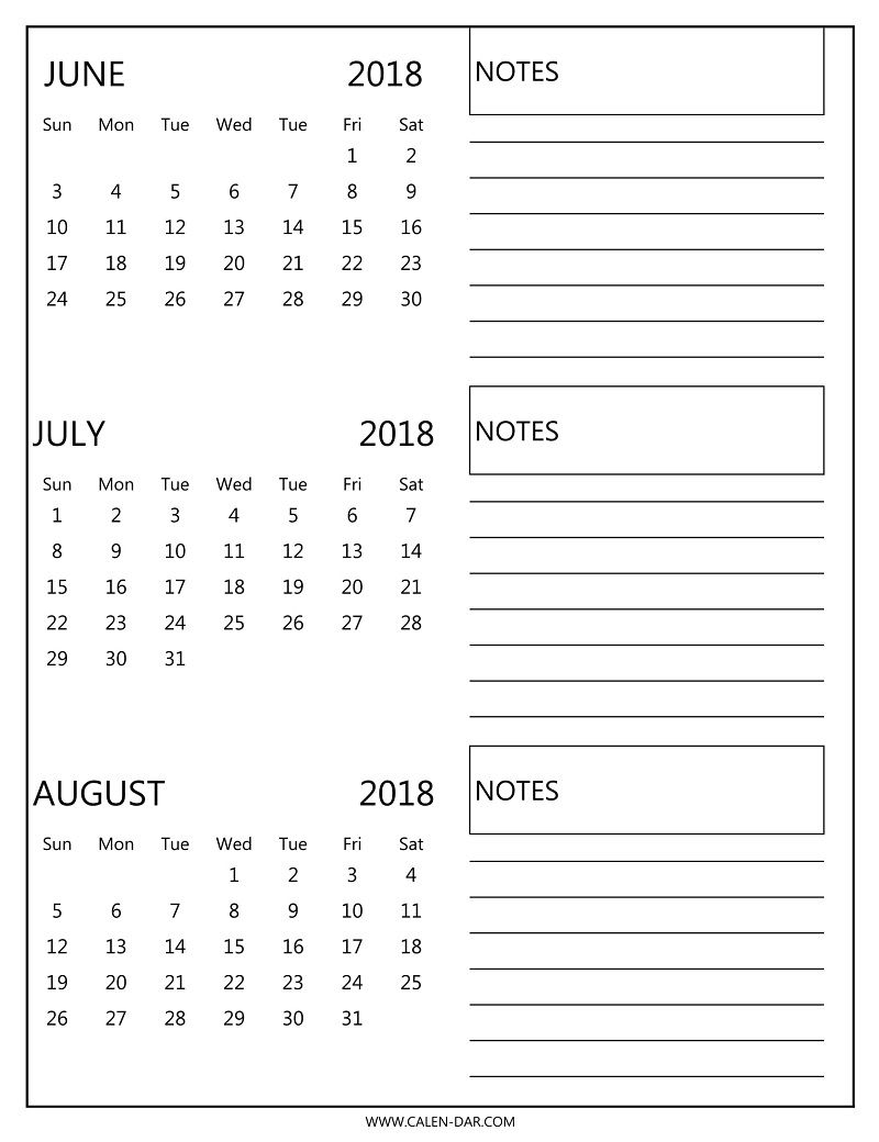 Free 3 Monthly Calendar 2018 June July August Print | 2018