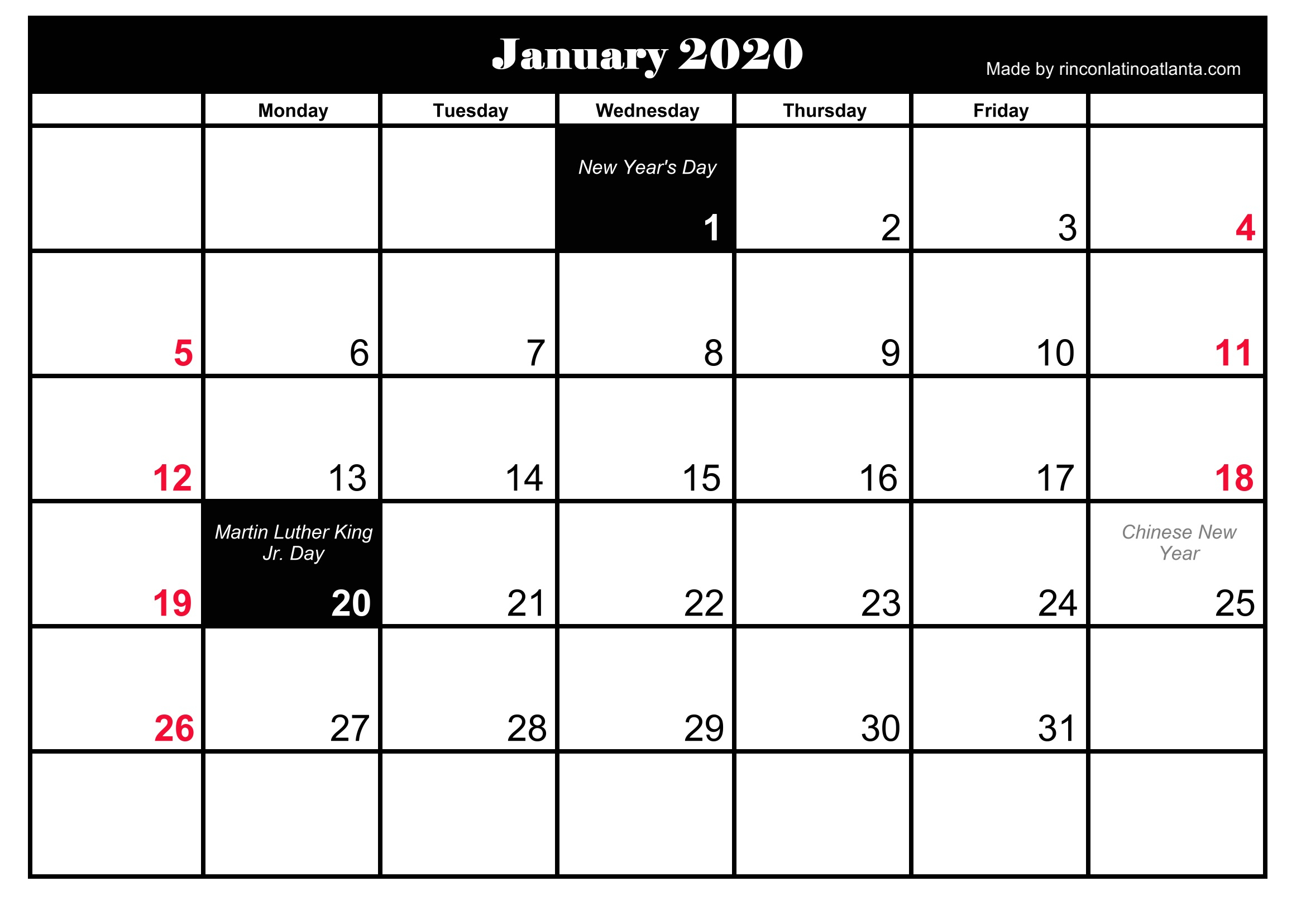 Free 5 Printable January 2020 Calendar | Calendar Template