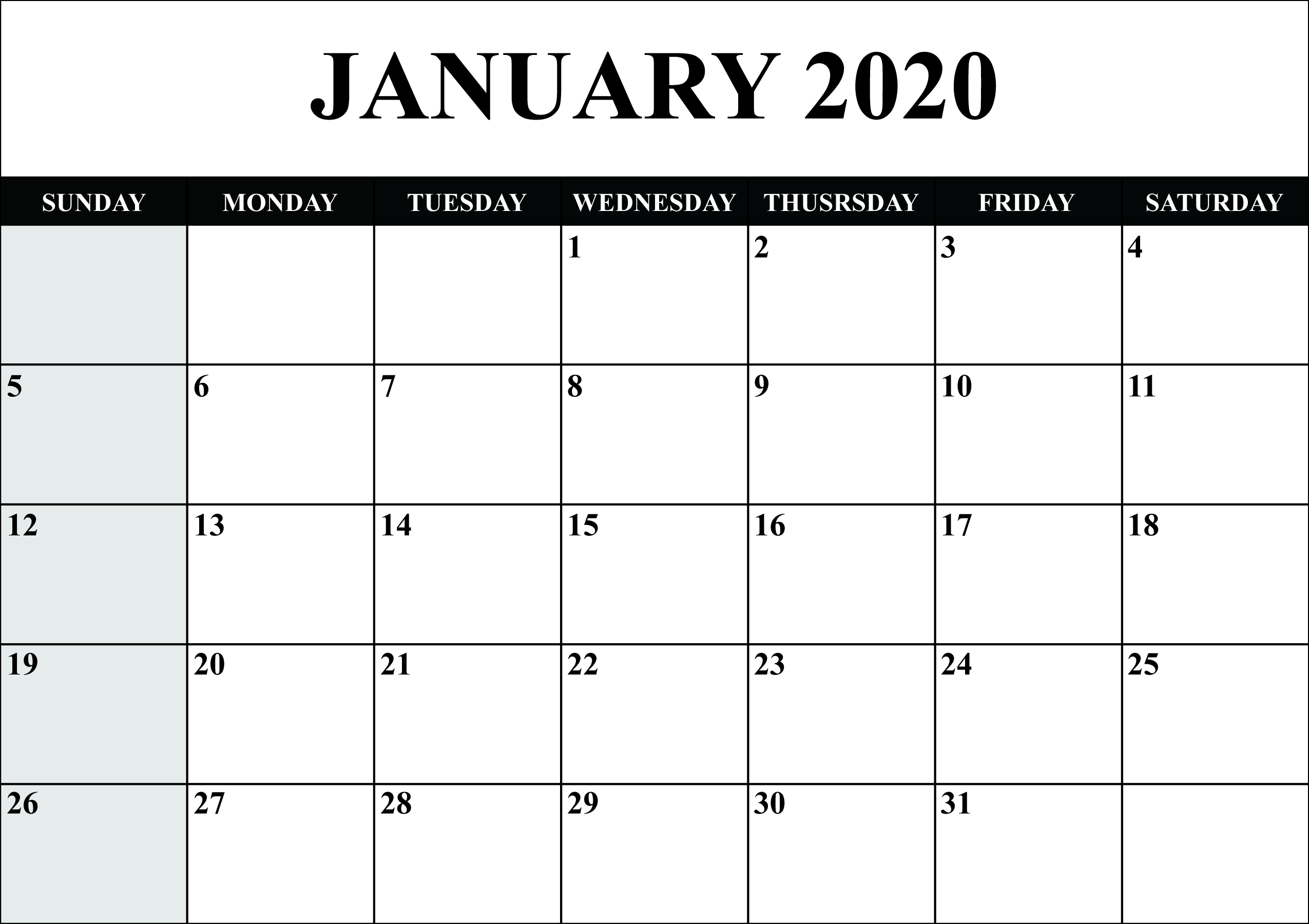 Free Blank January 2020 Calendar Printable In Pdf, Word