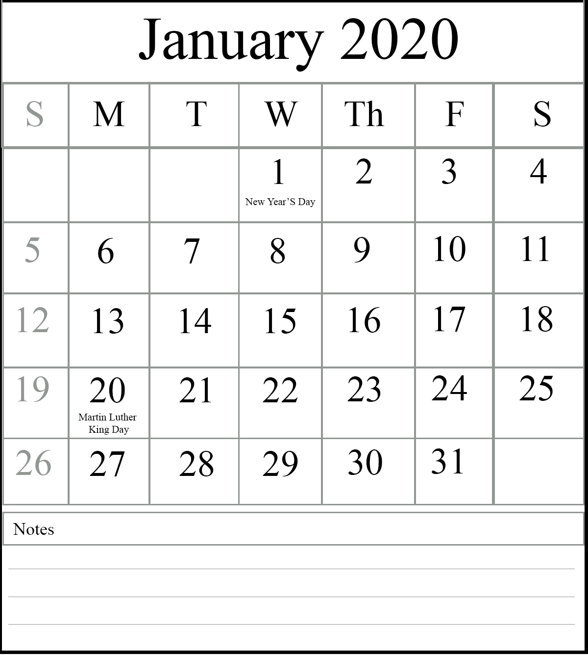 Free Blank January 2020 Calendar Printable In Pdf, Word