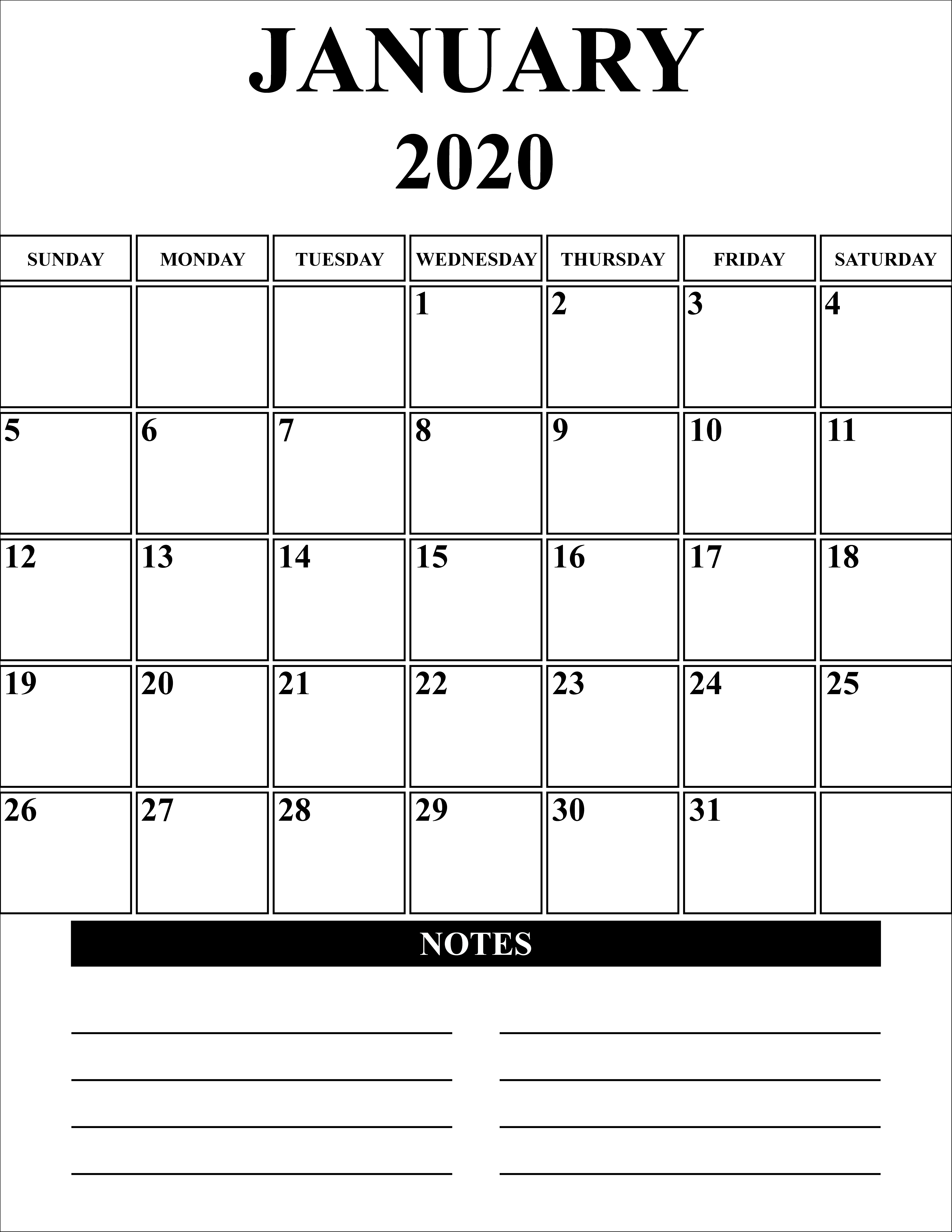 Free Blank January 2020 Calendar Printable In Pdf, Word