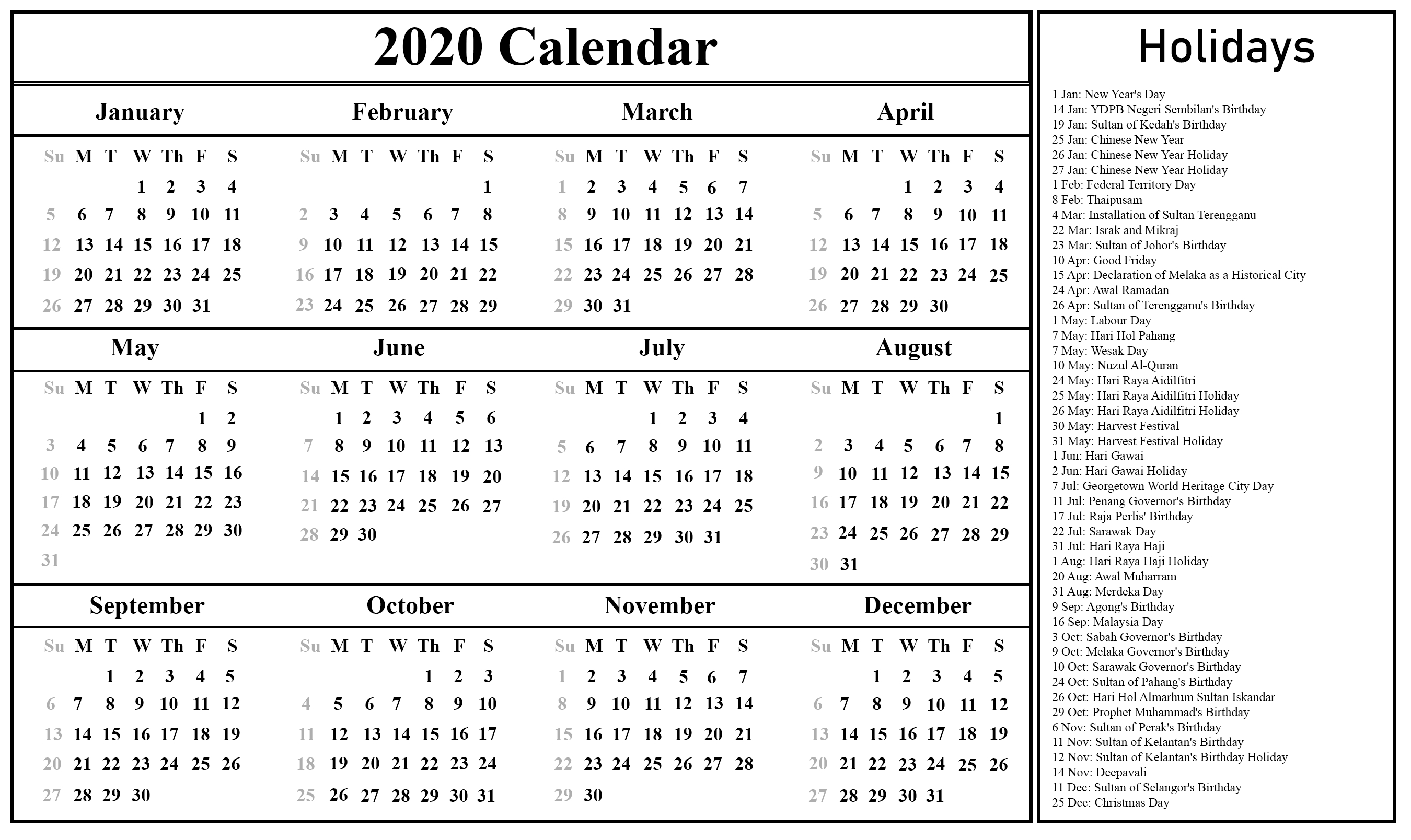 Free Blank Malaysia 2020 Printable Calendar In Pdf, Excel