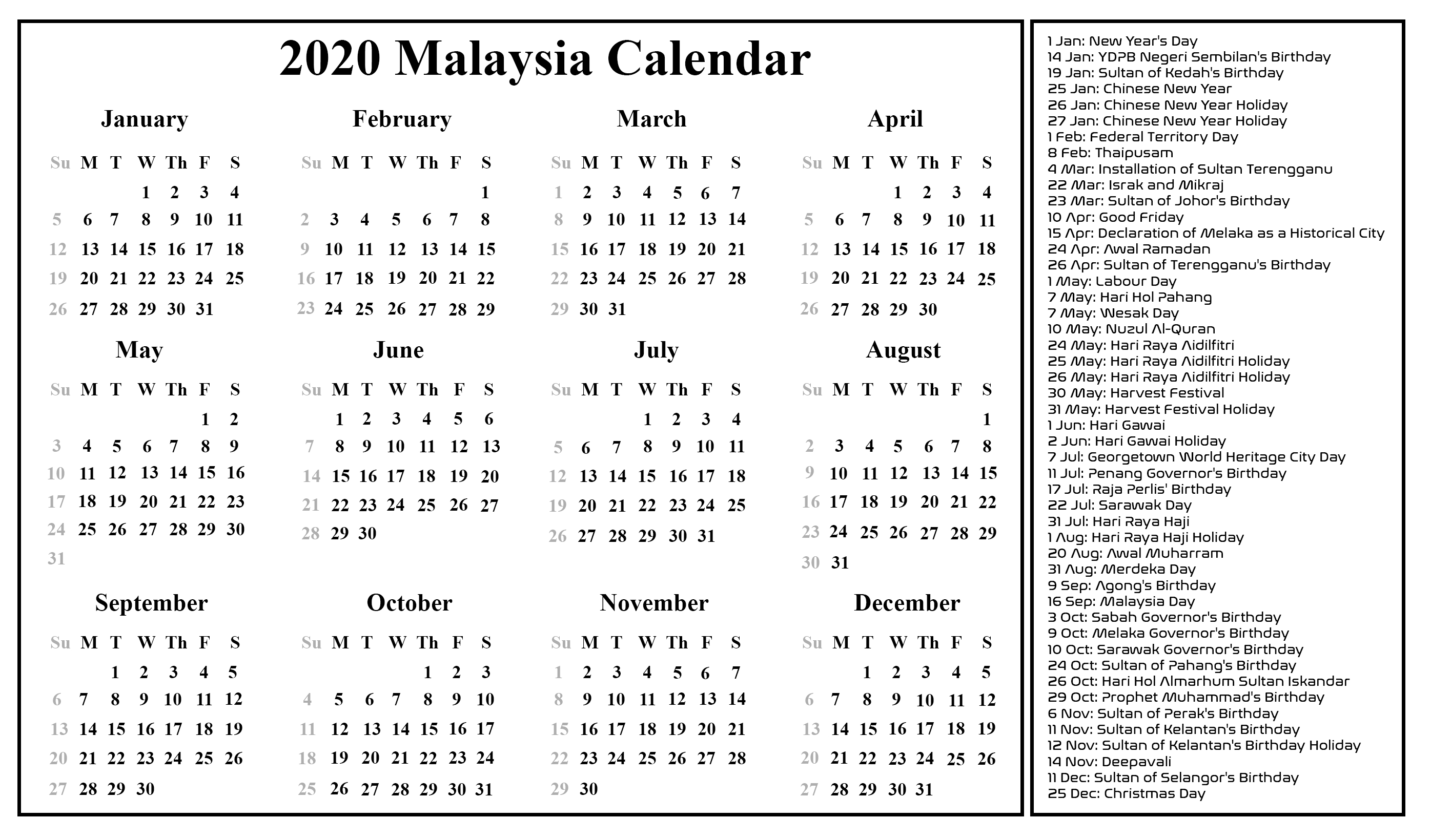 Free Blank Malaysia Calendar 2020 In Pdf, Excel &amp; Word