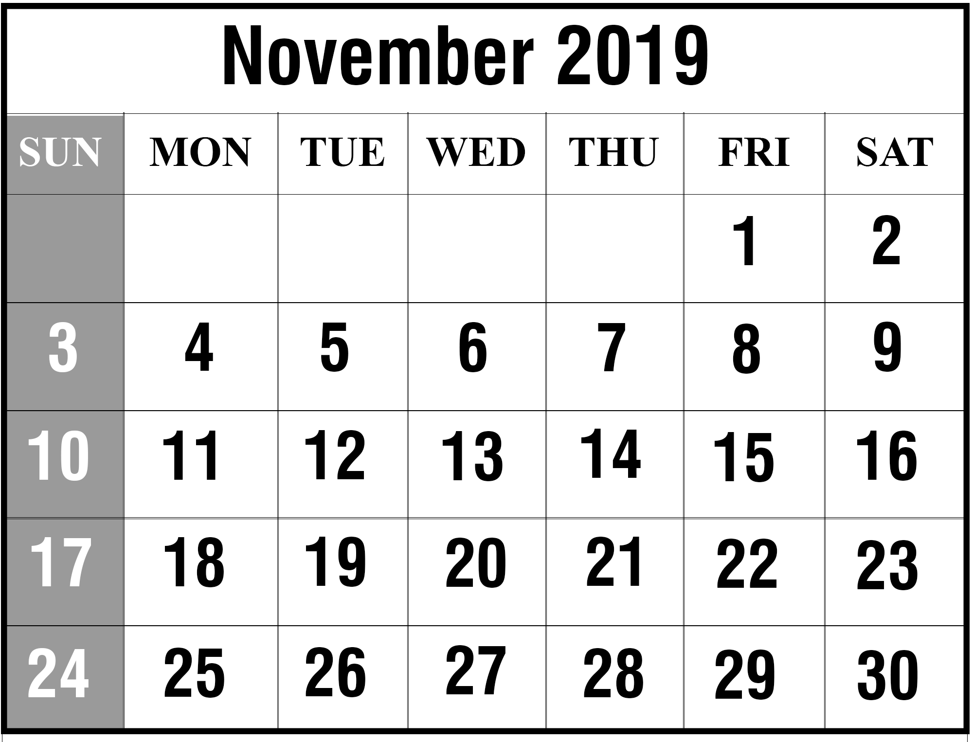 Free Blank November 2019 Printable Calendar In Pdf, Excel