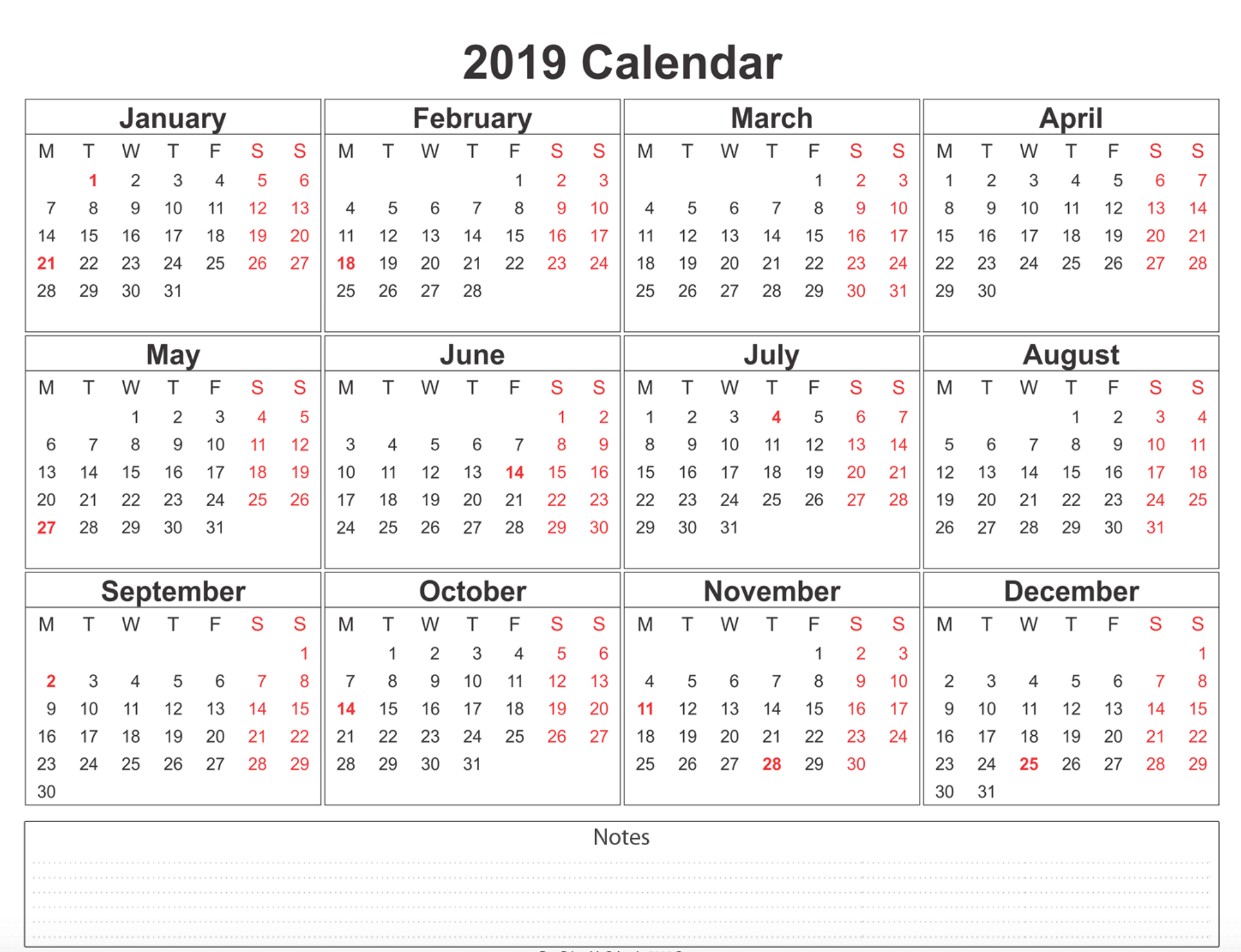 Free Blank Printable Calendar 2019 With Holidays Template