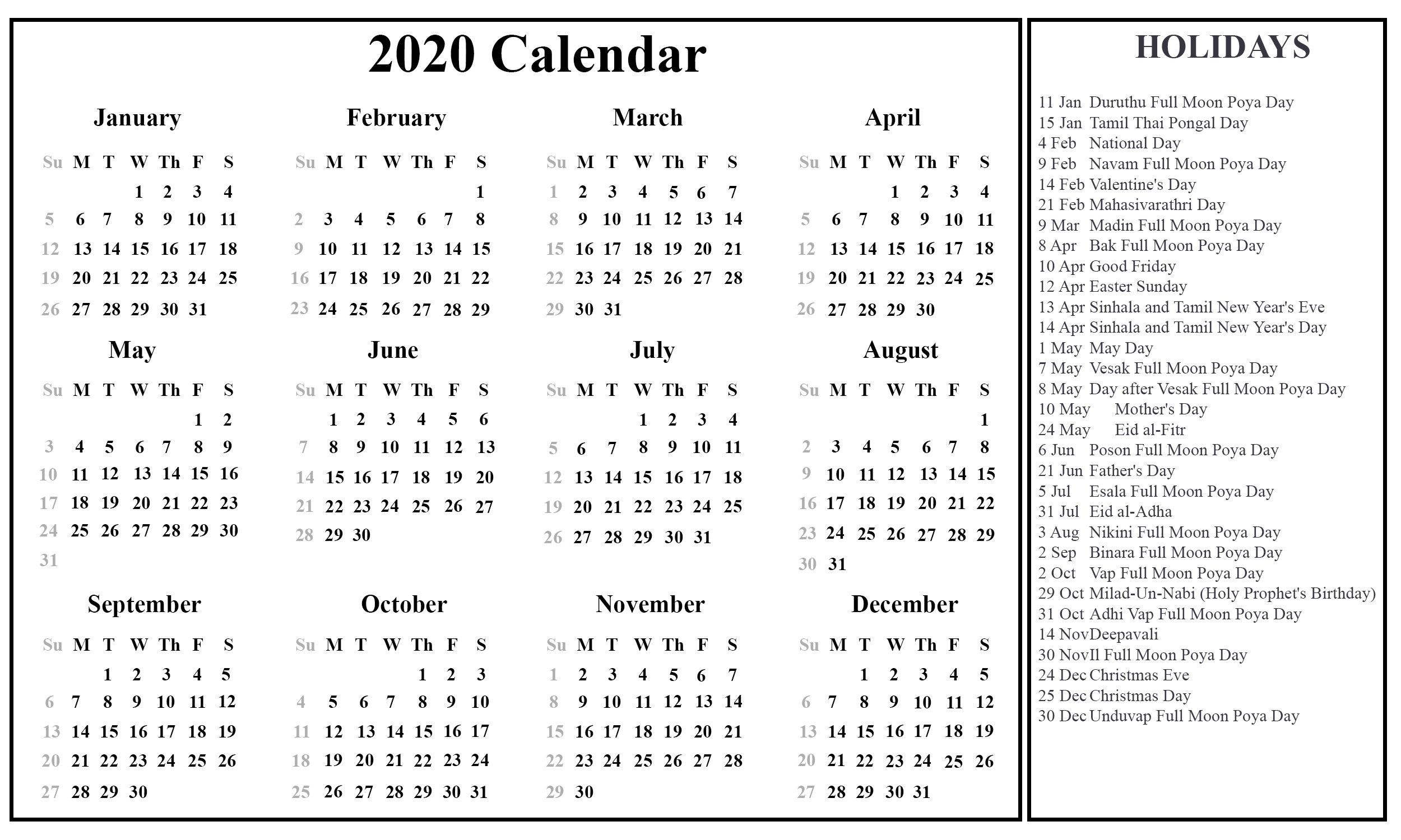 Free Blank Sri Lanka Calendar 2020 In Pdf, Excel &amp; Word