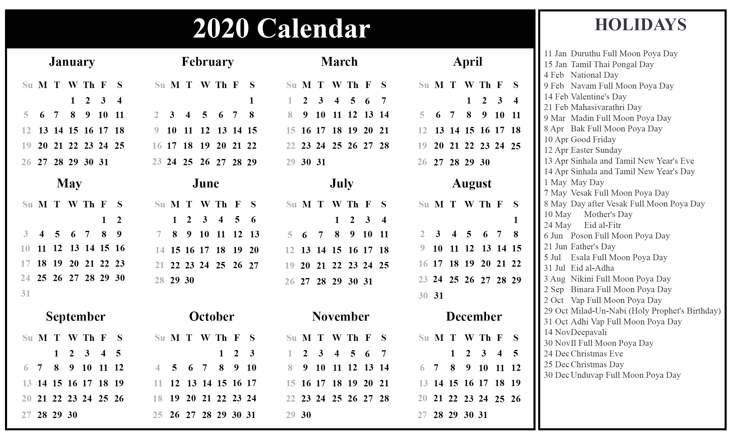 Free Blank Sri Lanka Calendar 2020 In Pdf, Excel &amp; Word