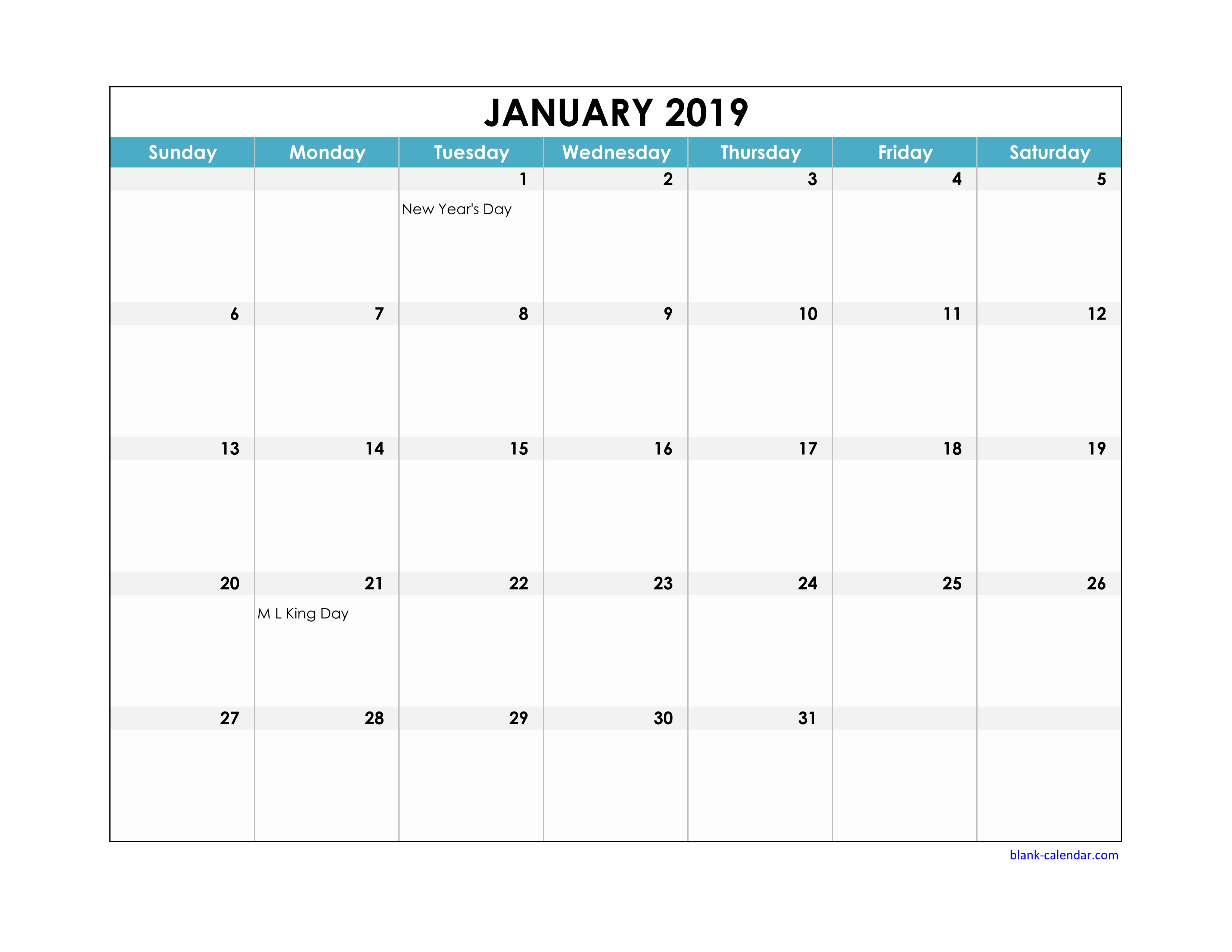 Free Download 2019 Excel Calendar Large Boxes In The Grid