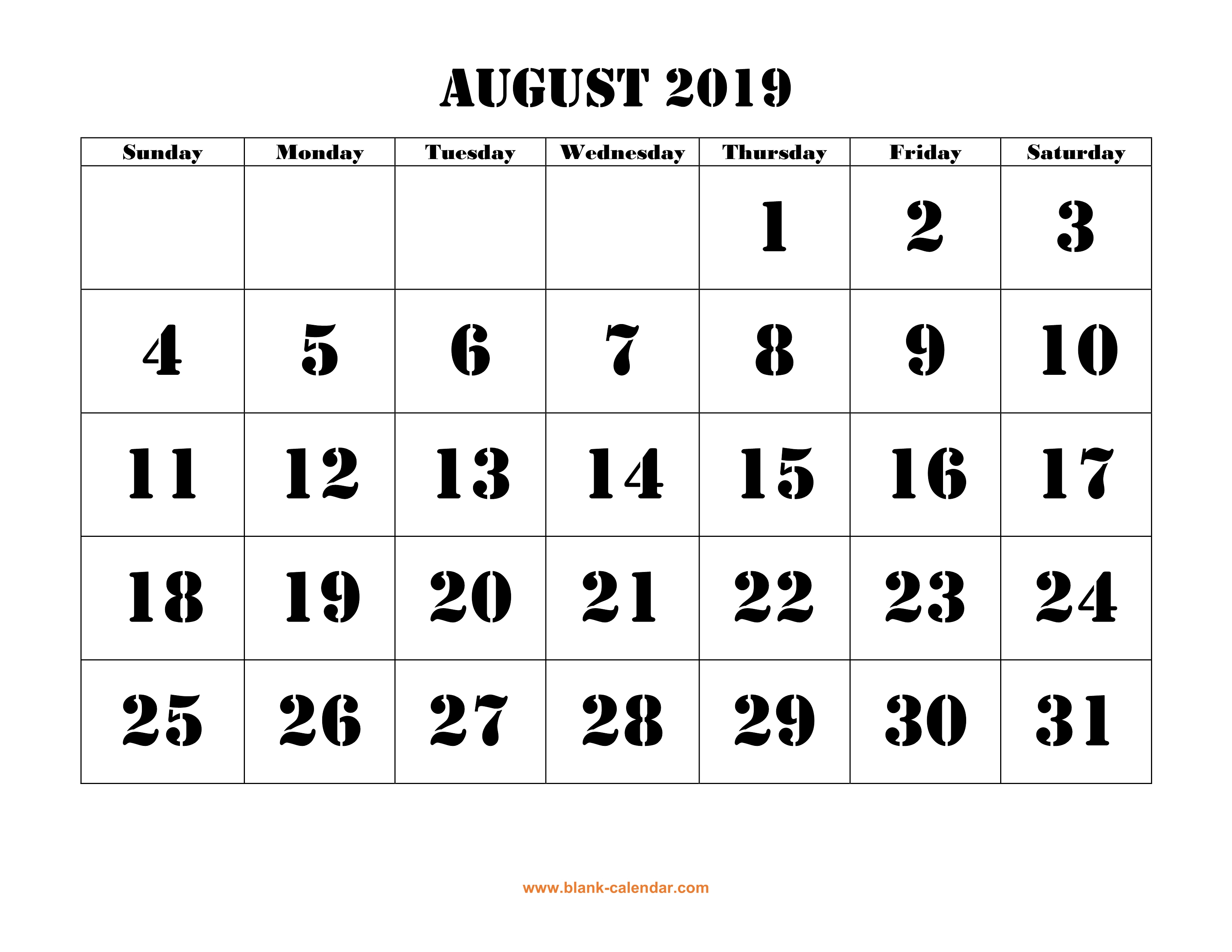 Free Download Printable August 2019 Calendar, Large Font