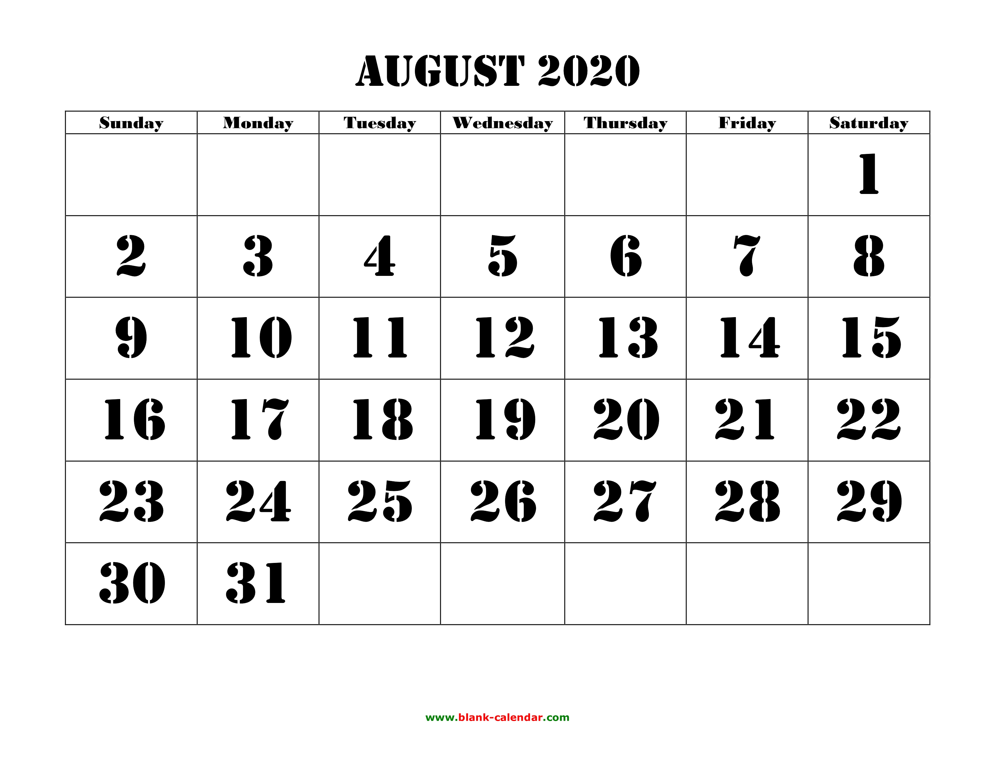 Free Download Printable August 2020 Calendar, Large Font
