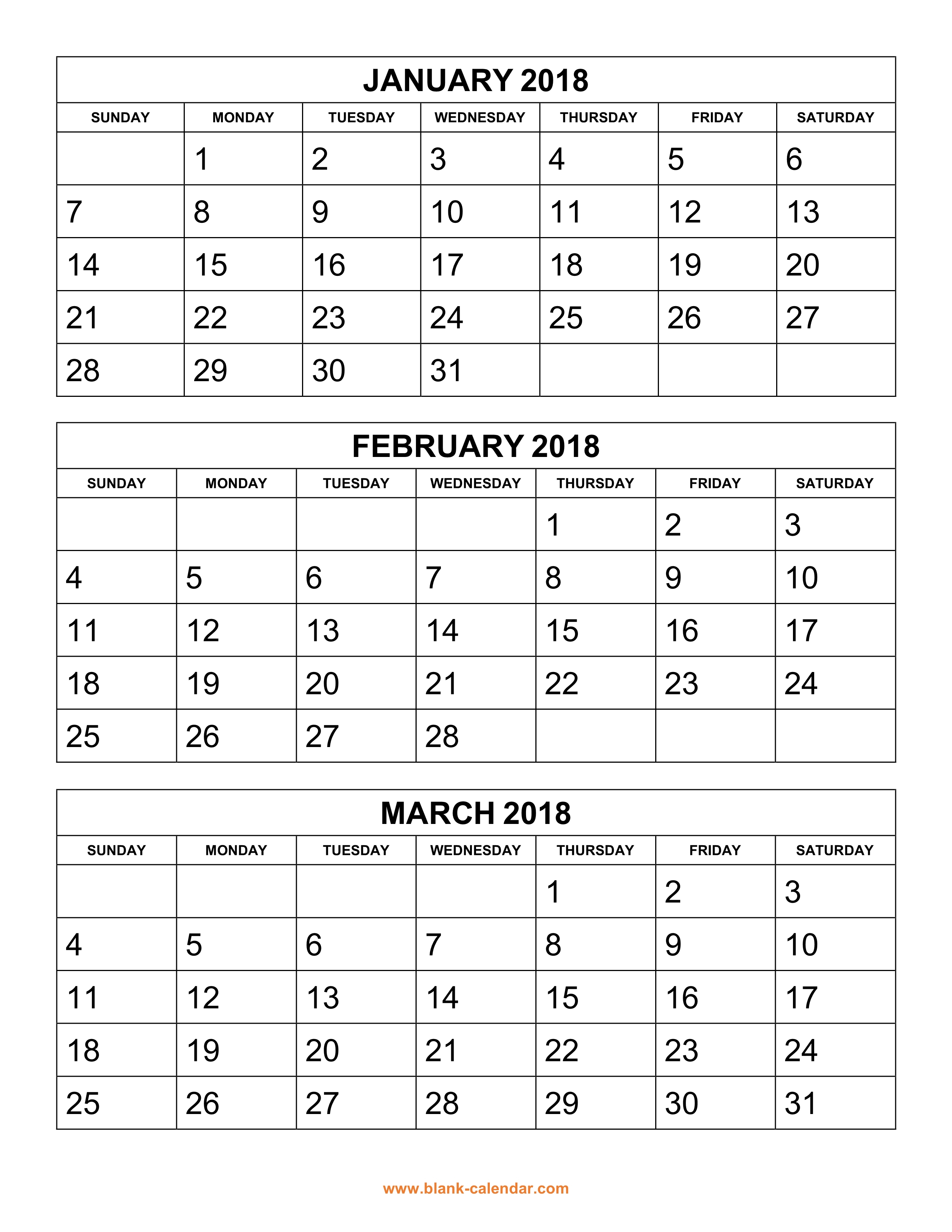 Free Download Printable Calendar 2018, 3 Months Per Page, 4