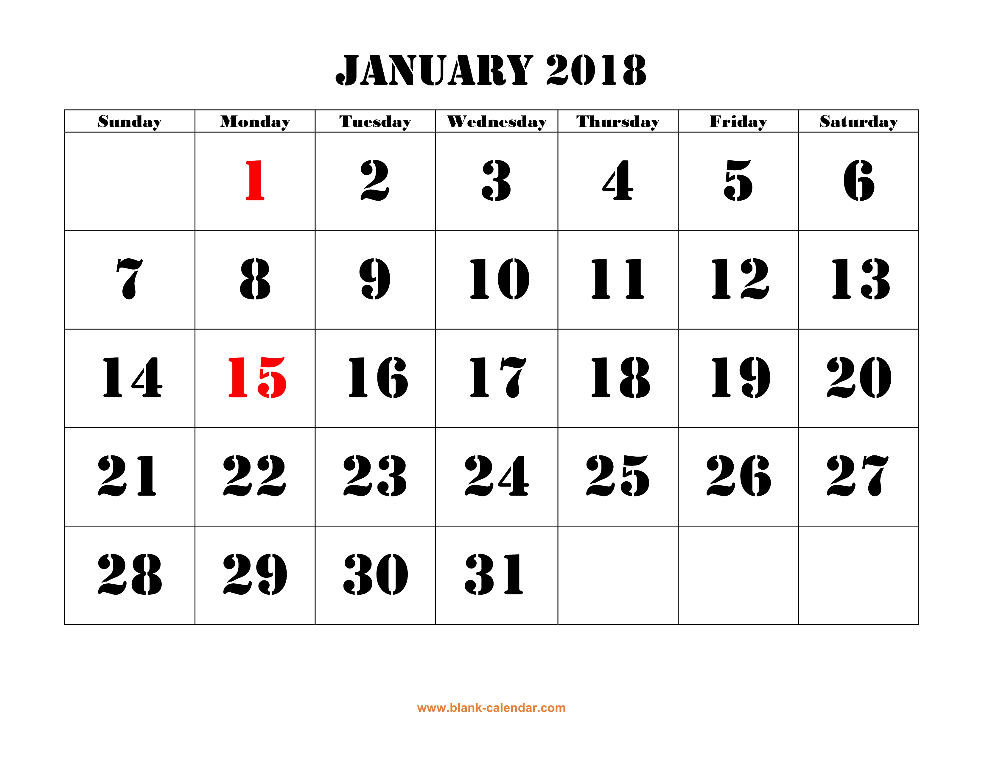 Free Download Printable Calendar 2018, Large Font Design