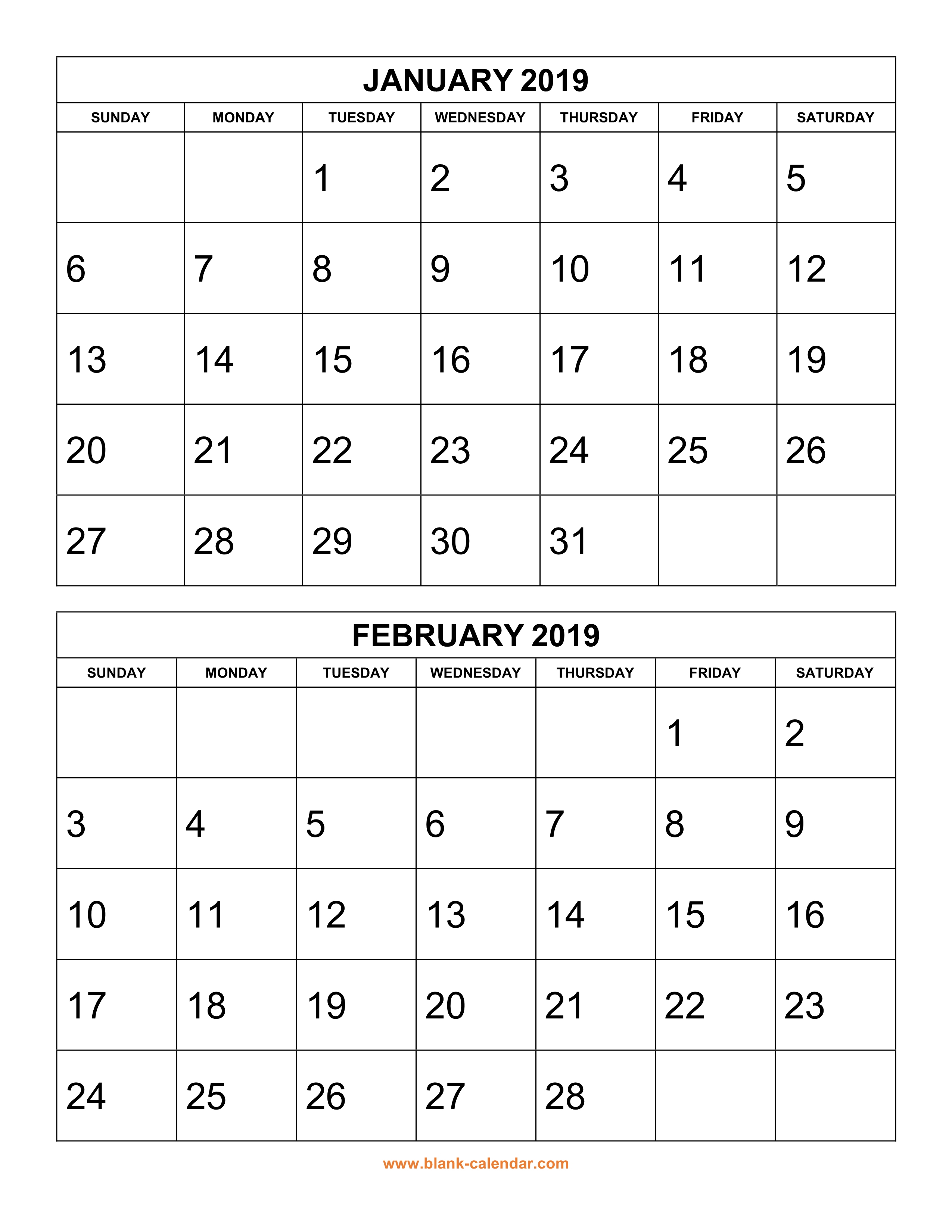 Free Download Printable Calendar 2019, 2 Months Per Page, 6