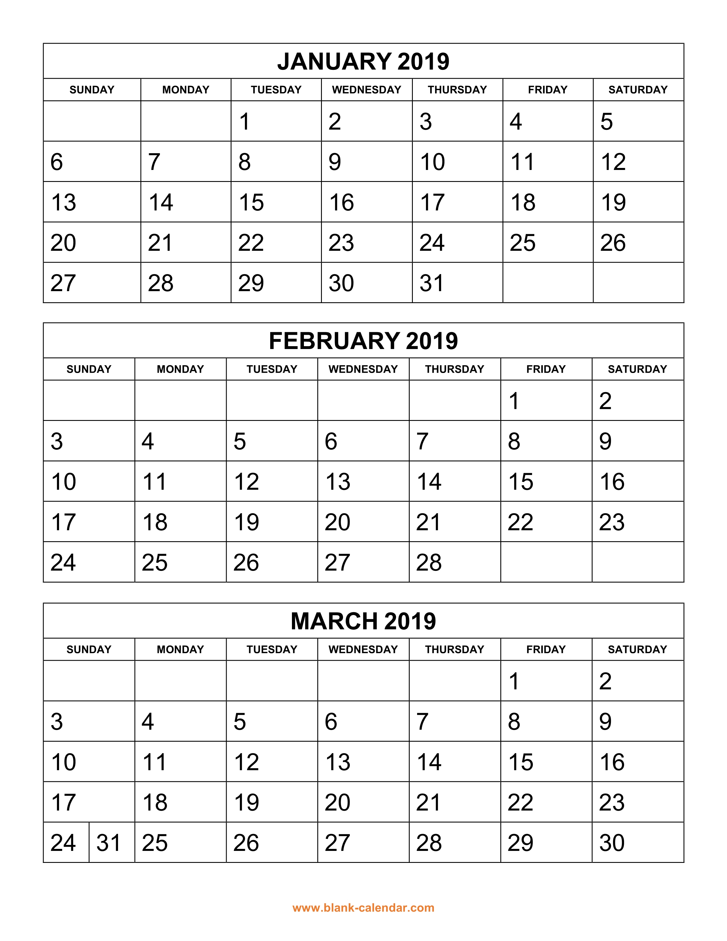 Free Download Printable Calendar 2019, 3 Months Per Page, 4