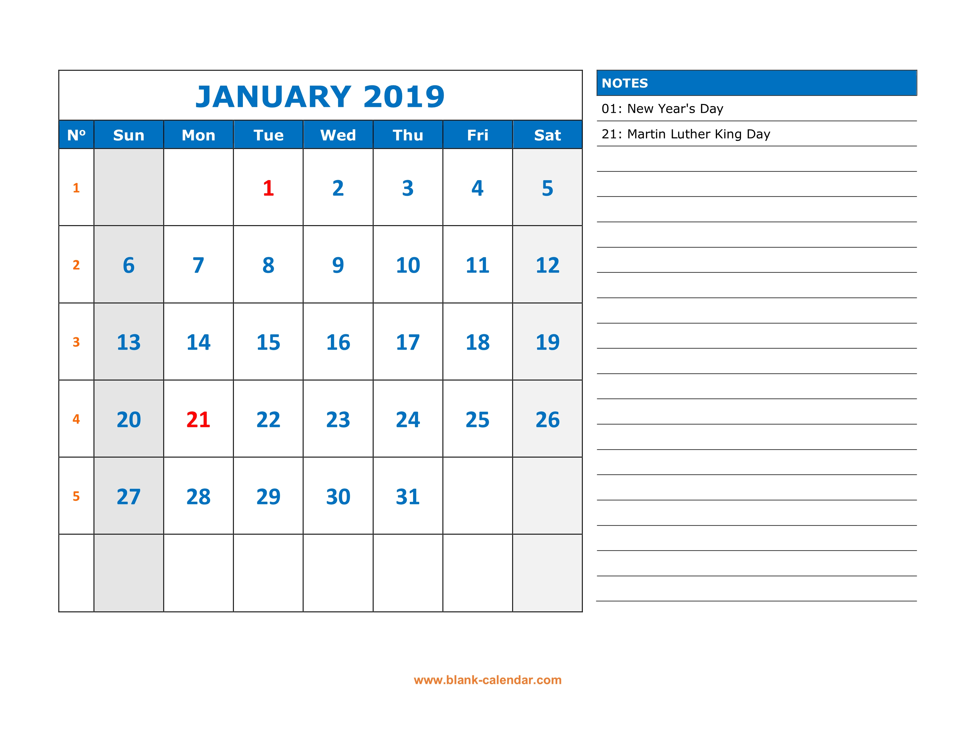 Free Download Printable Calendar 2019, Large Space For