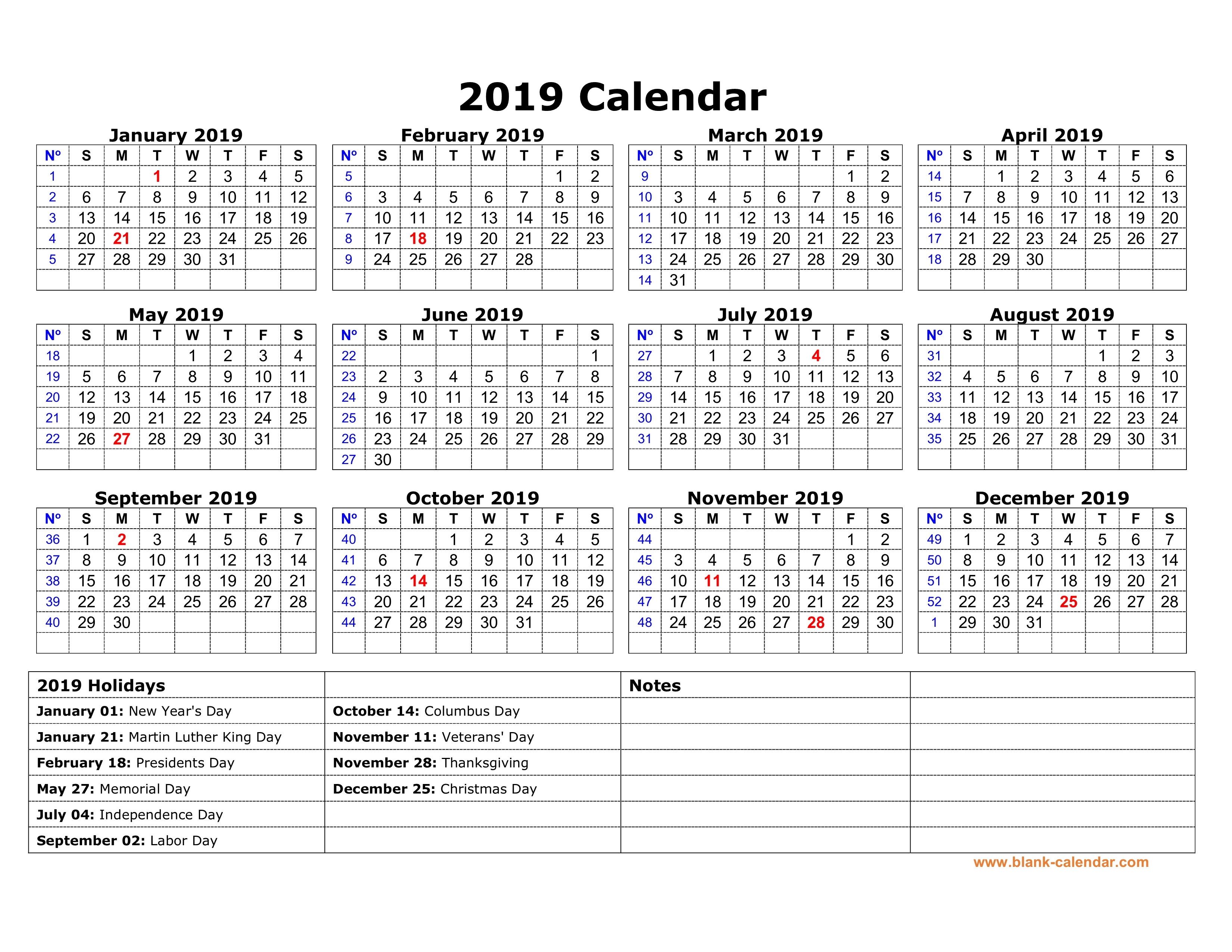 Free Download Printable Calendar 2019 With Us Federal