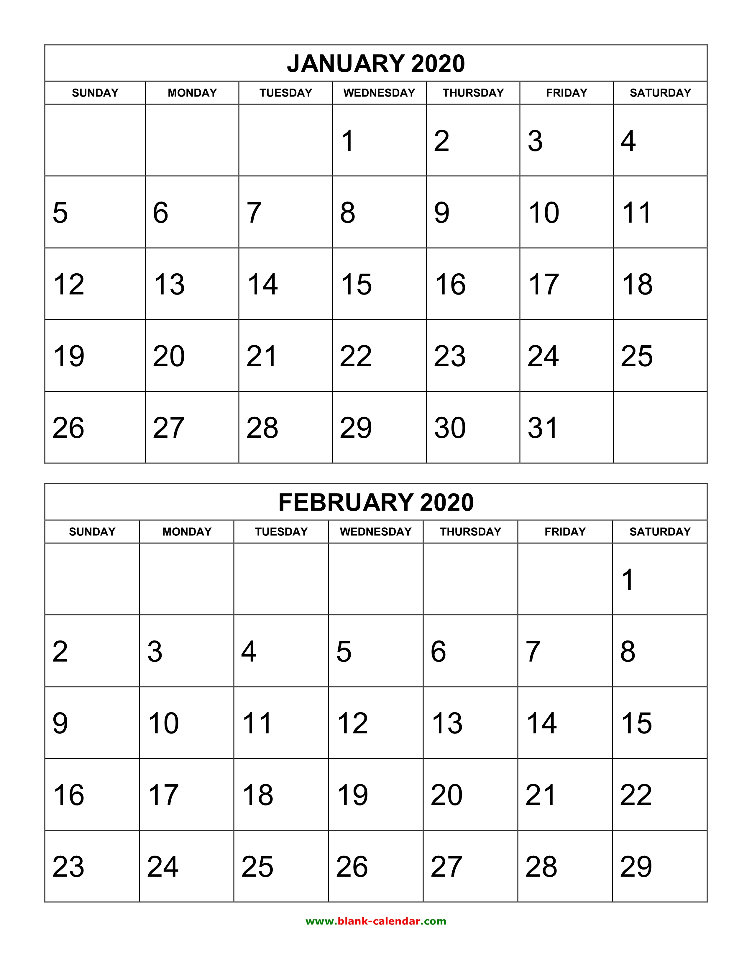 Free Download Printable Calendar 2020, 2 Months Per Page, 6