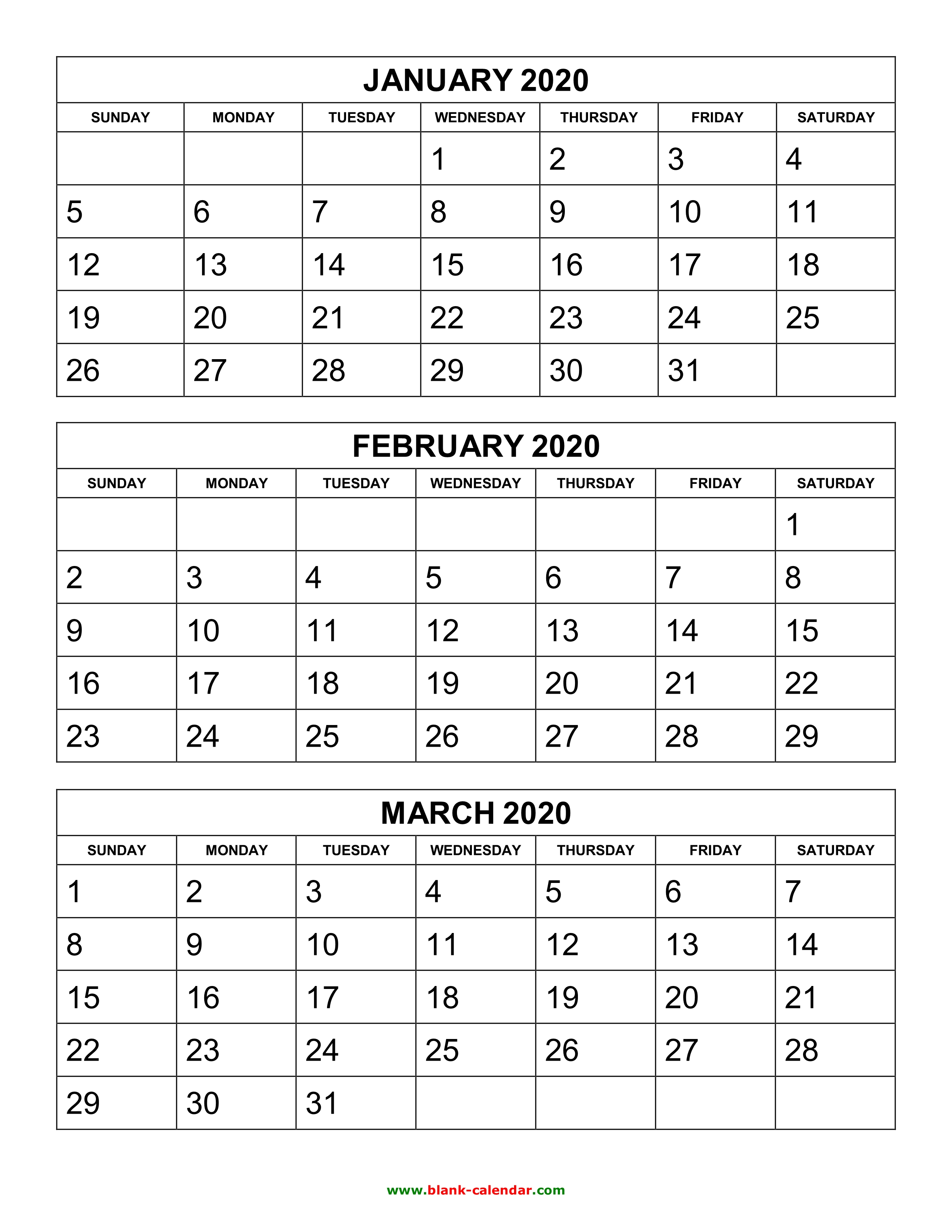 Printable Calendar Three Months 2020