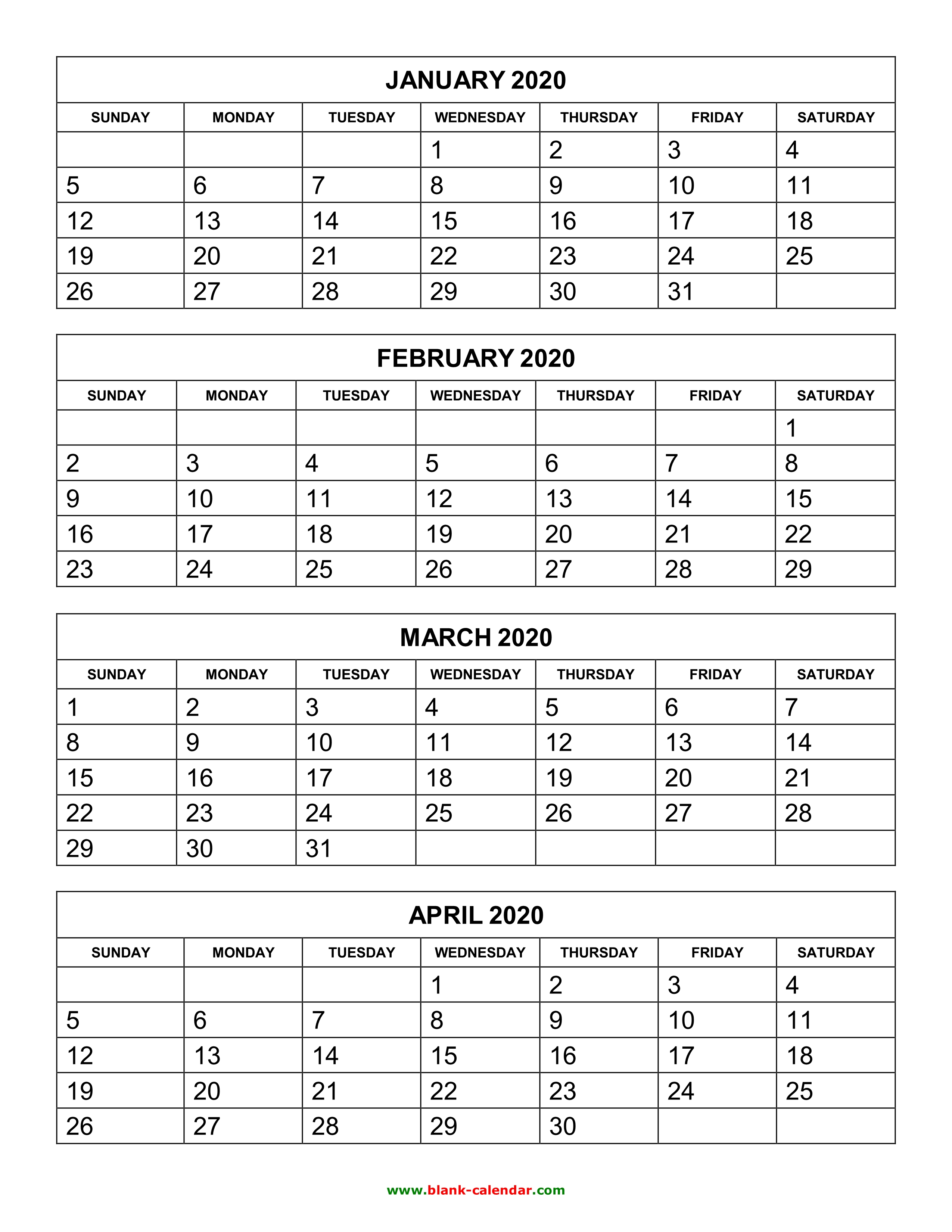 Monthly Print Calendars Templates 2020 Multiple Months Per Page 